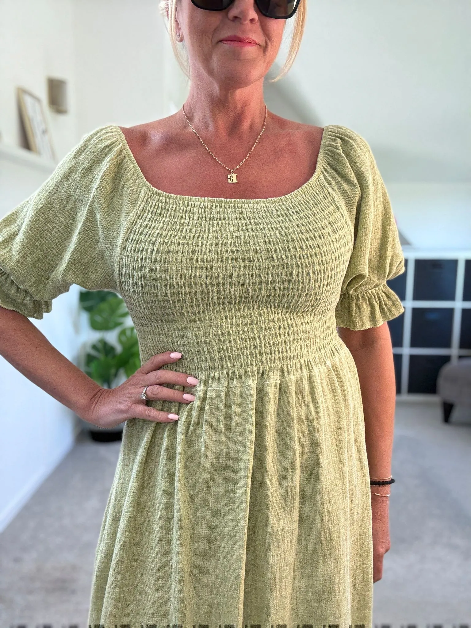 Light Blue Washed Linen Shirred Midi Dress