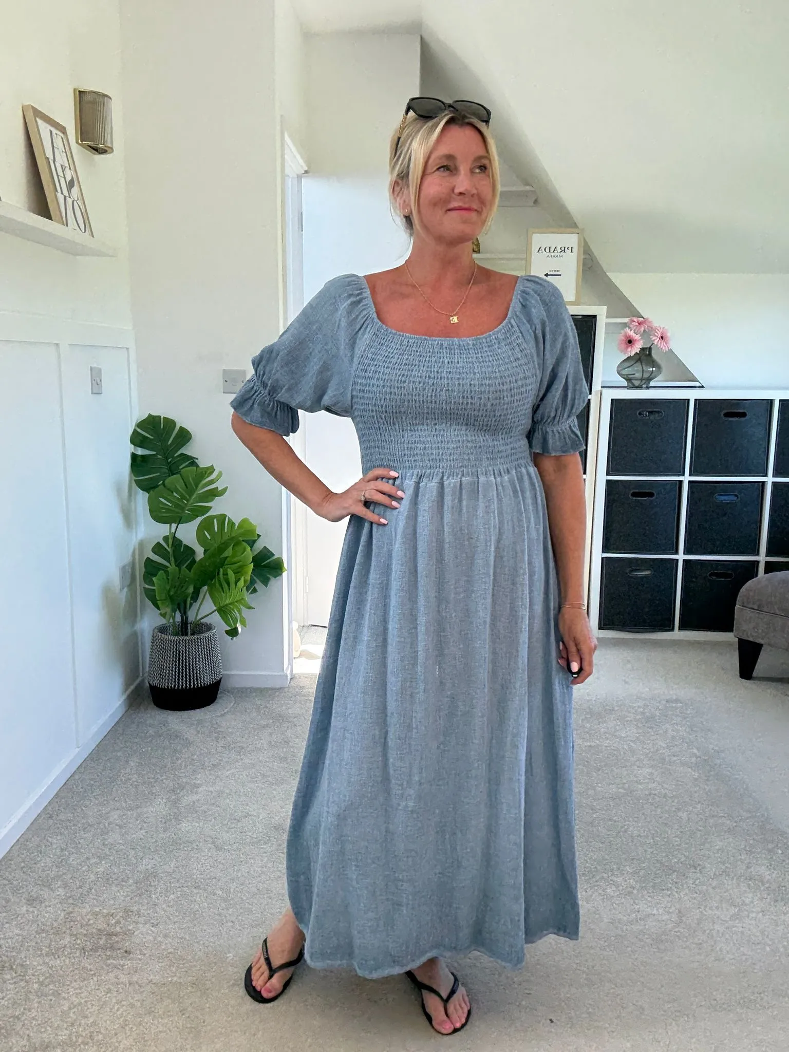 Light Blue Washed Linen Shirred Midi Dress
