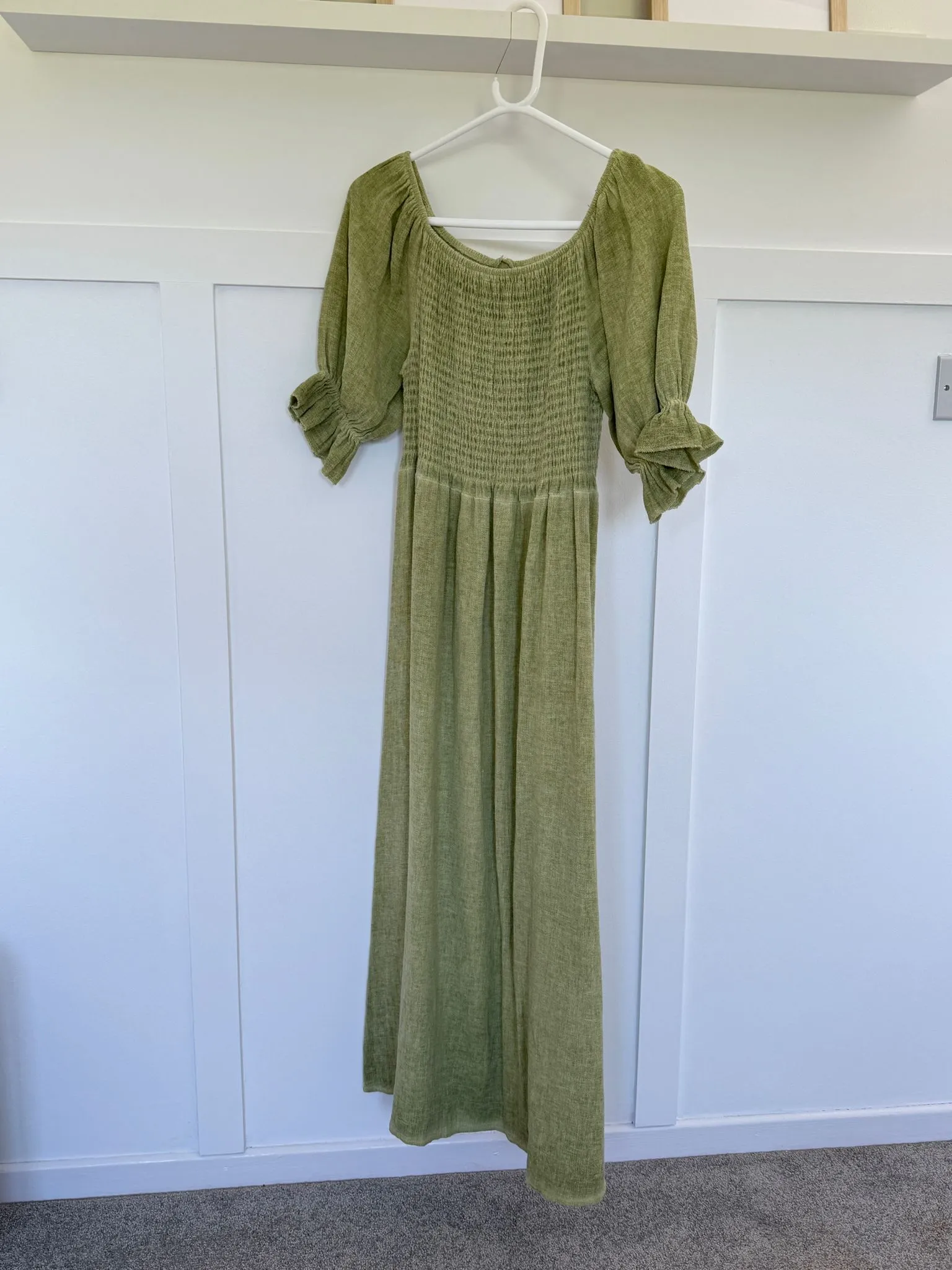 Light Blue Washed Linen Shirred Midi Dress