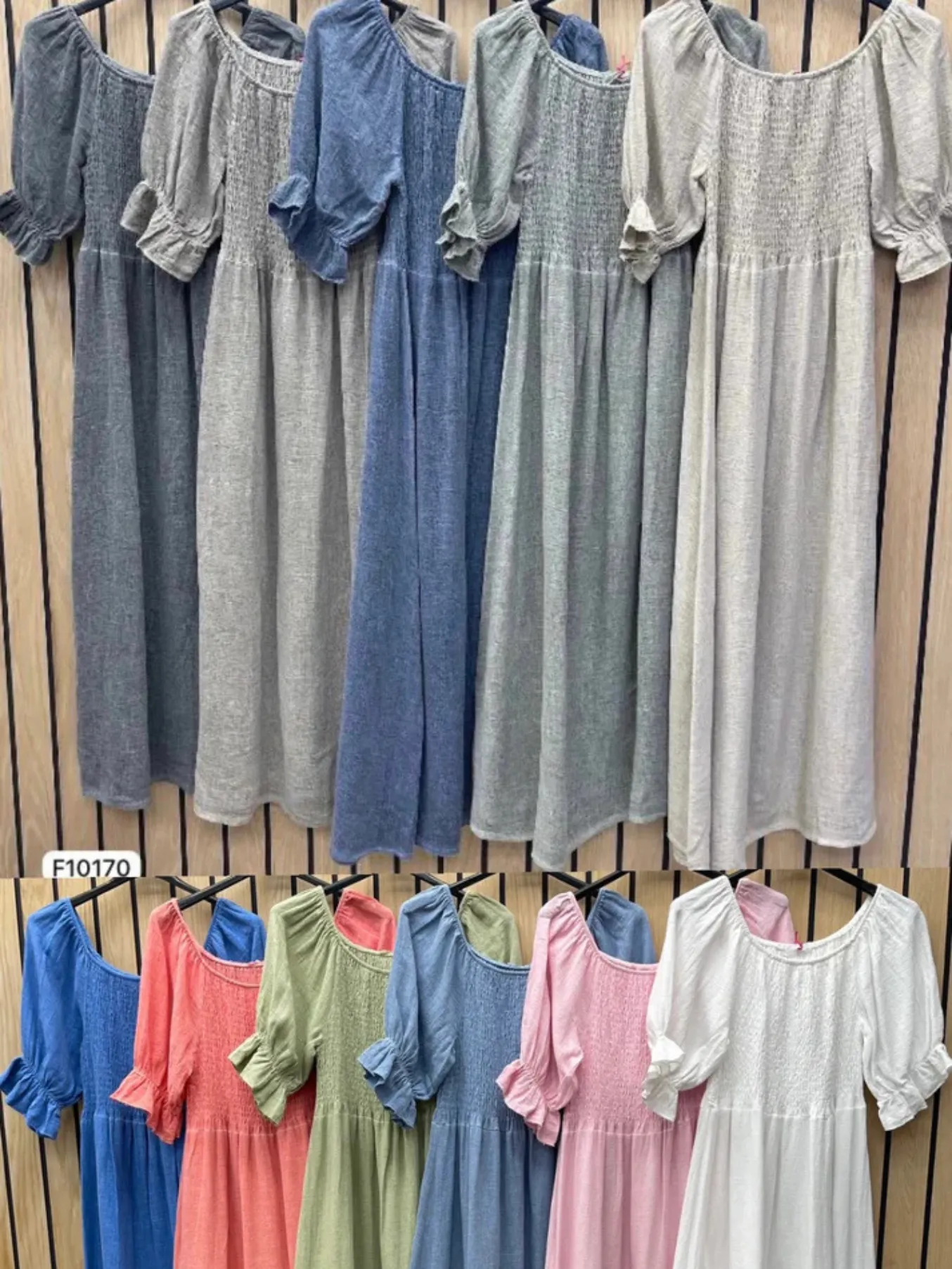 Light Blue Washed Linen Shirred Midi Dress