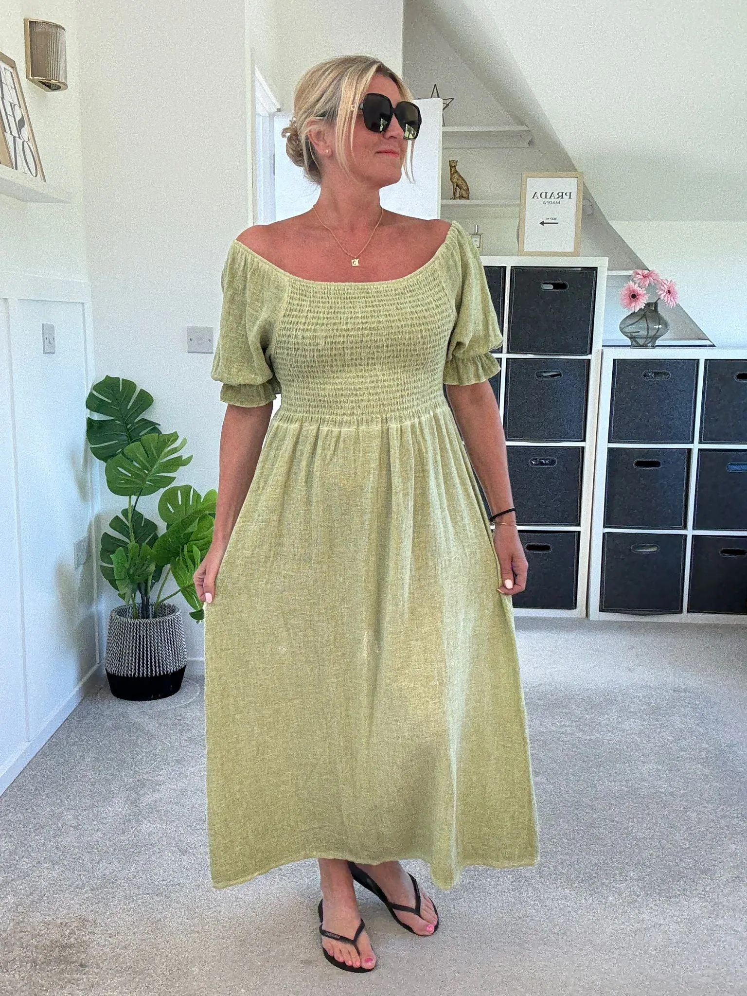 Light Blue Washed Linen Shirred Midi Dress