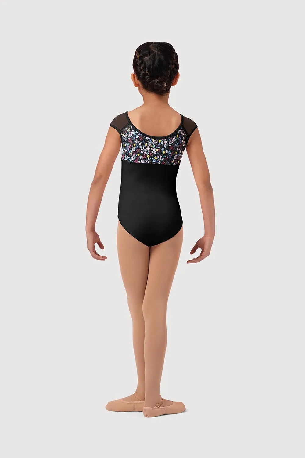 LM51555G - Mirella Ditsy Floral Girls Mesh Cap Sleeve Leotard