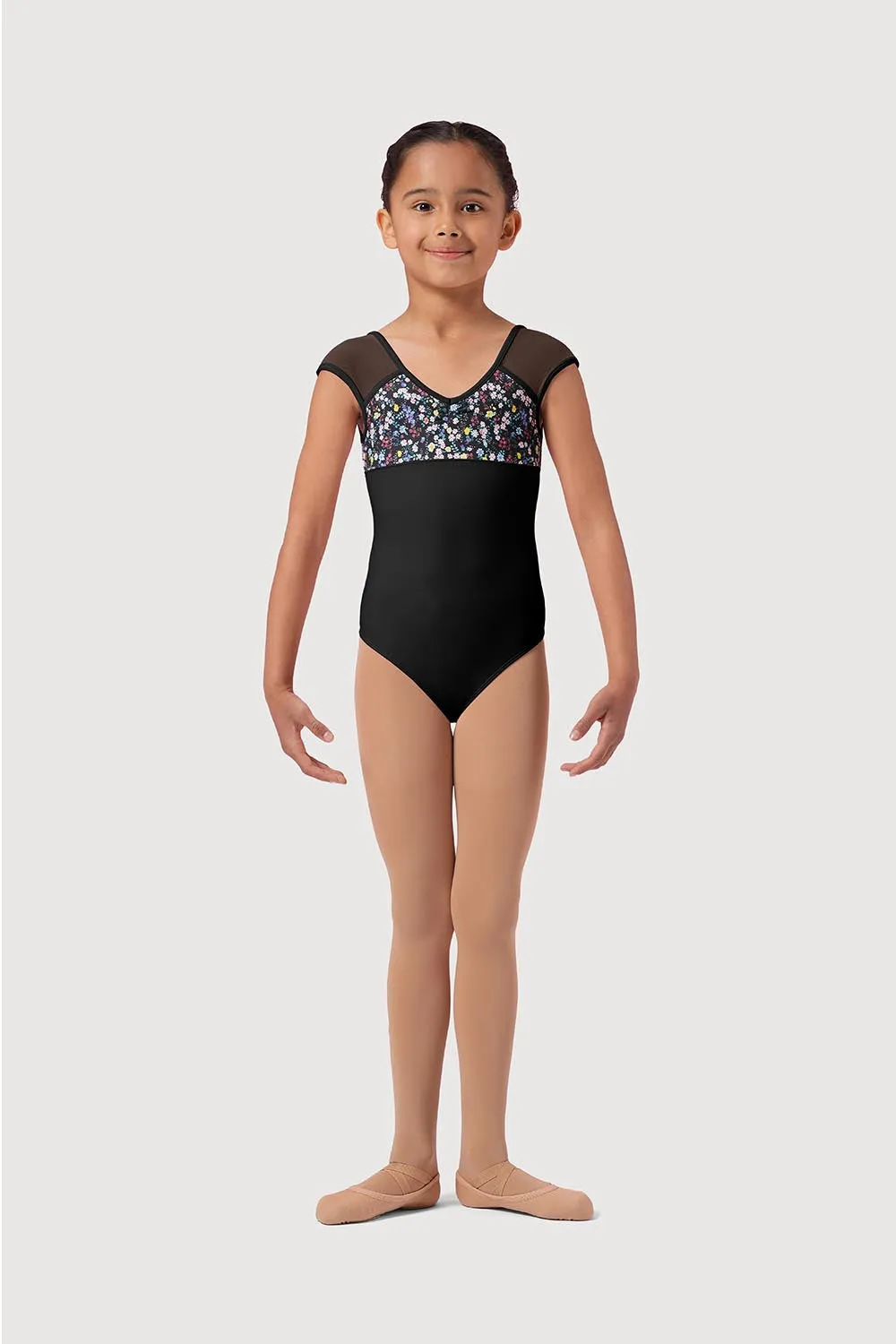 LM51555G - Mirella Ditsy Floral Girls Mesh Cap Sleeve Leotard