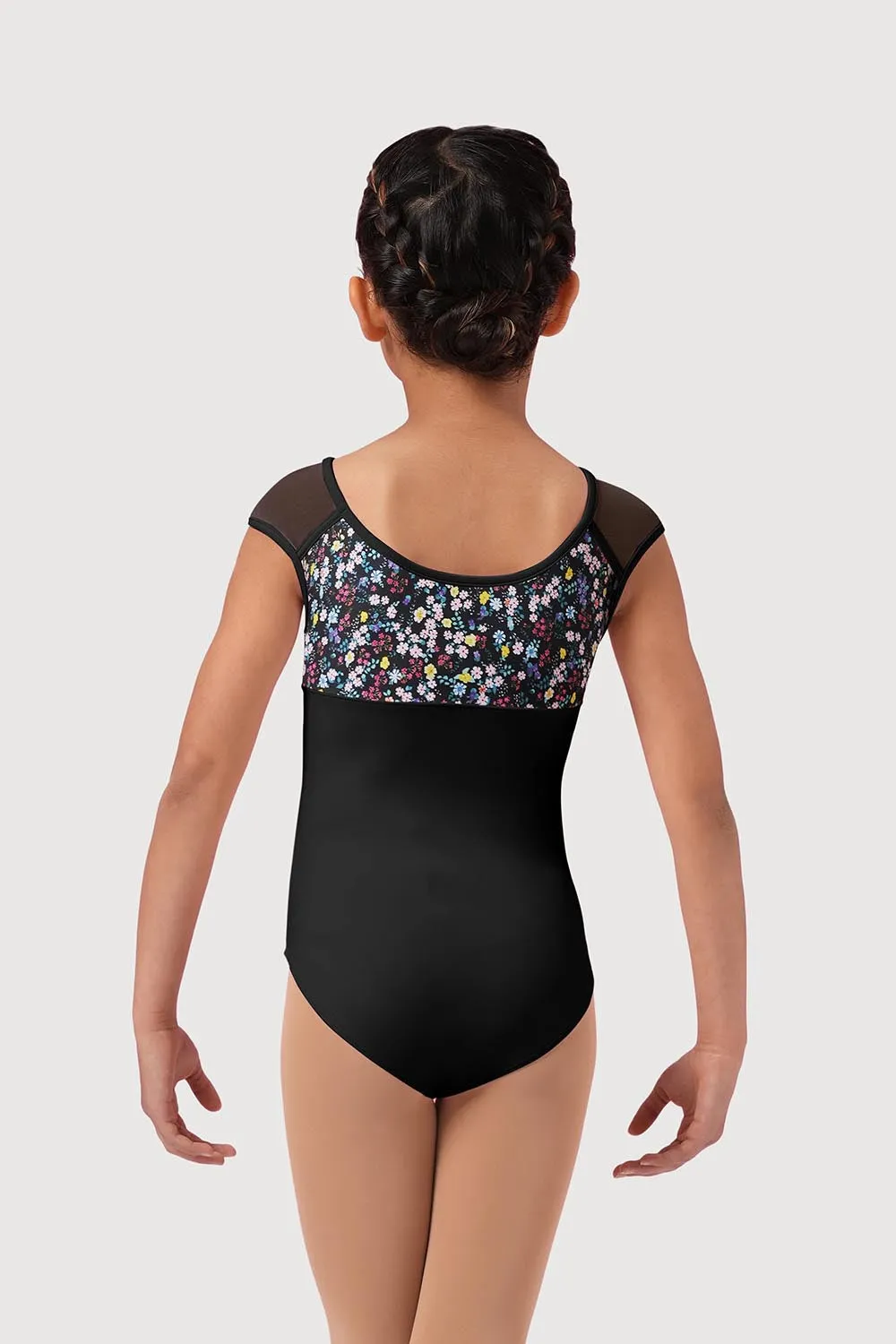 LM51555G - Mirella Ditsy Floral Girls Mesh Cap Sleeve Leotard
