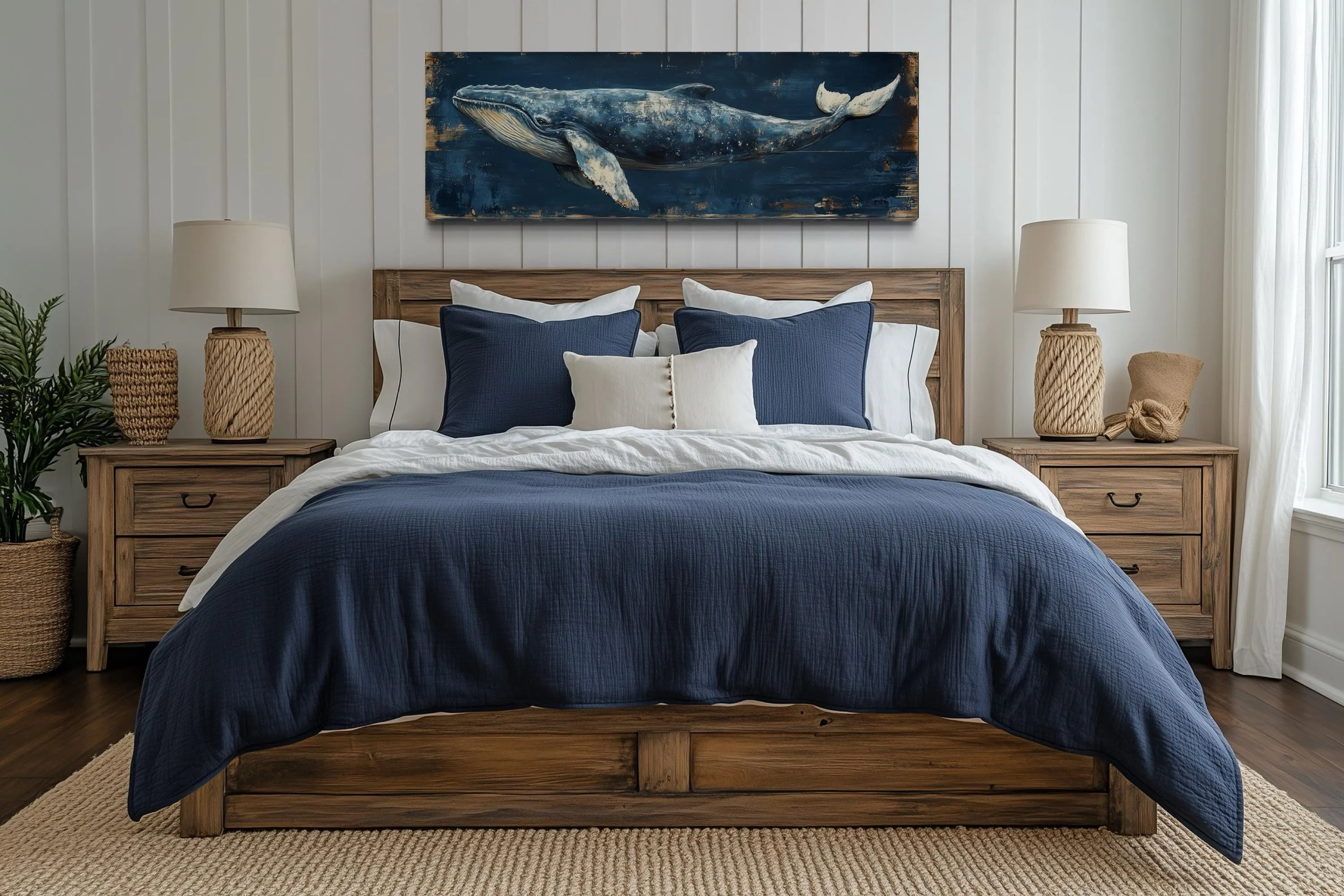 Long Horizontal Blue Whale On Navy Blue Canvas Wall Art For Nautical Decor