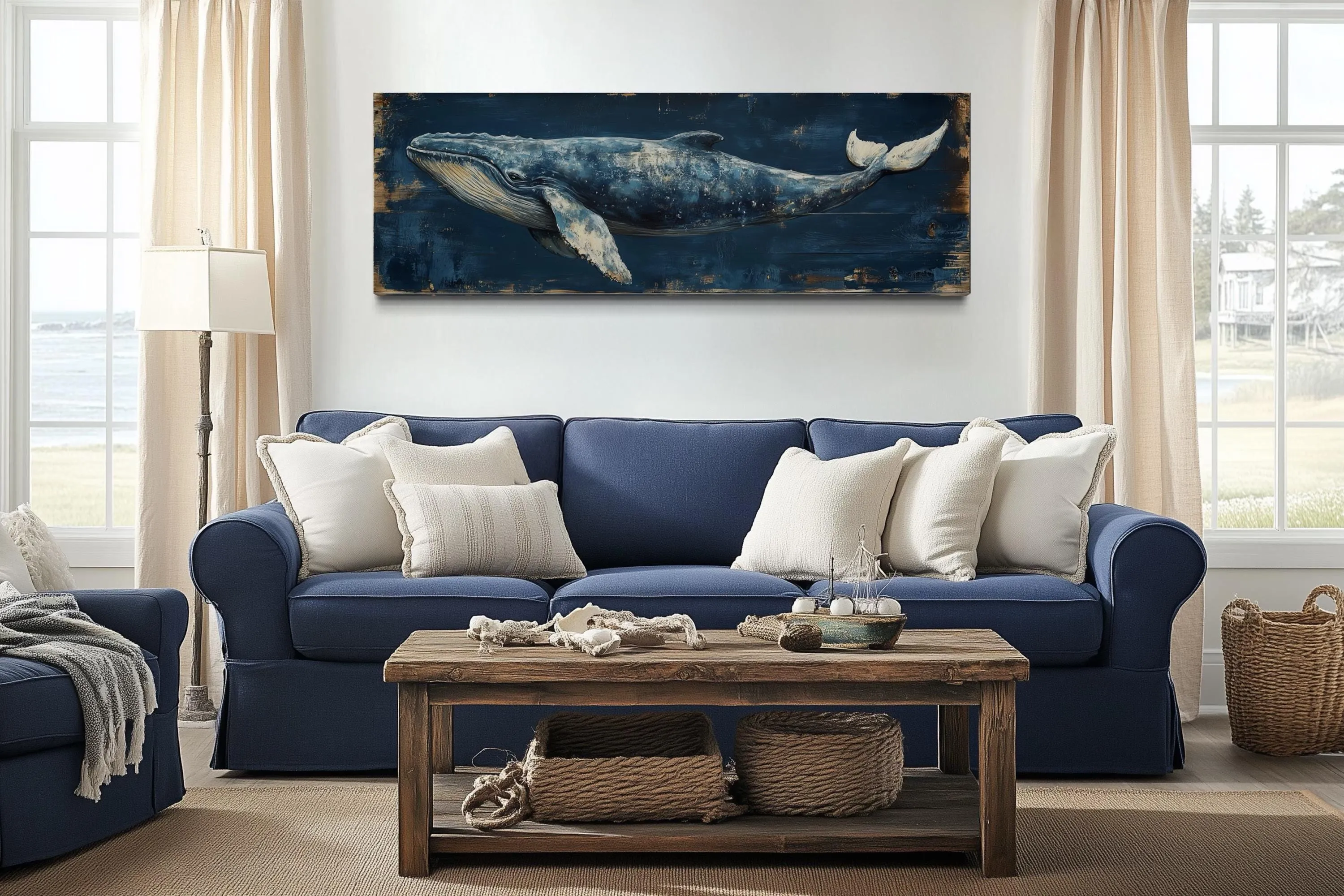 Long Horizontal Blue Whale On Navy Blue Canvas Wall Art For Nautical Decor