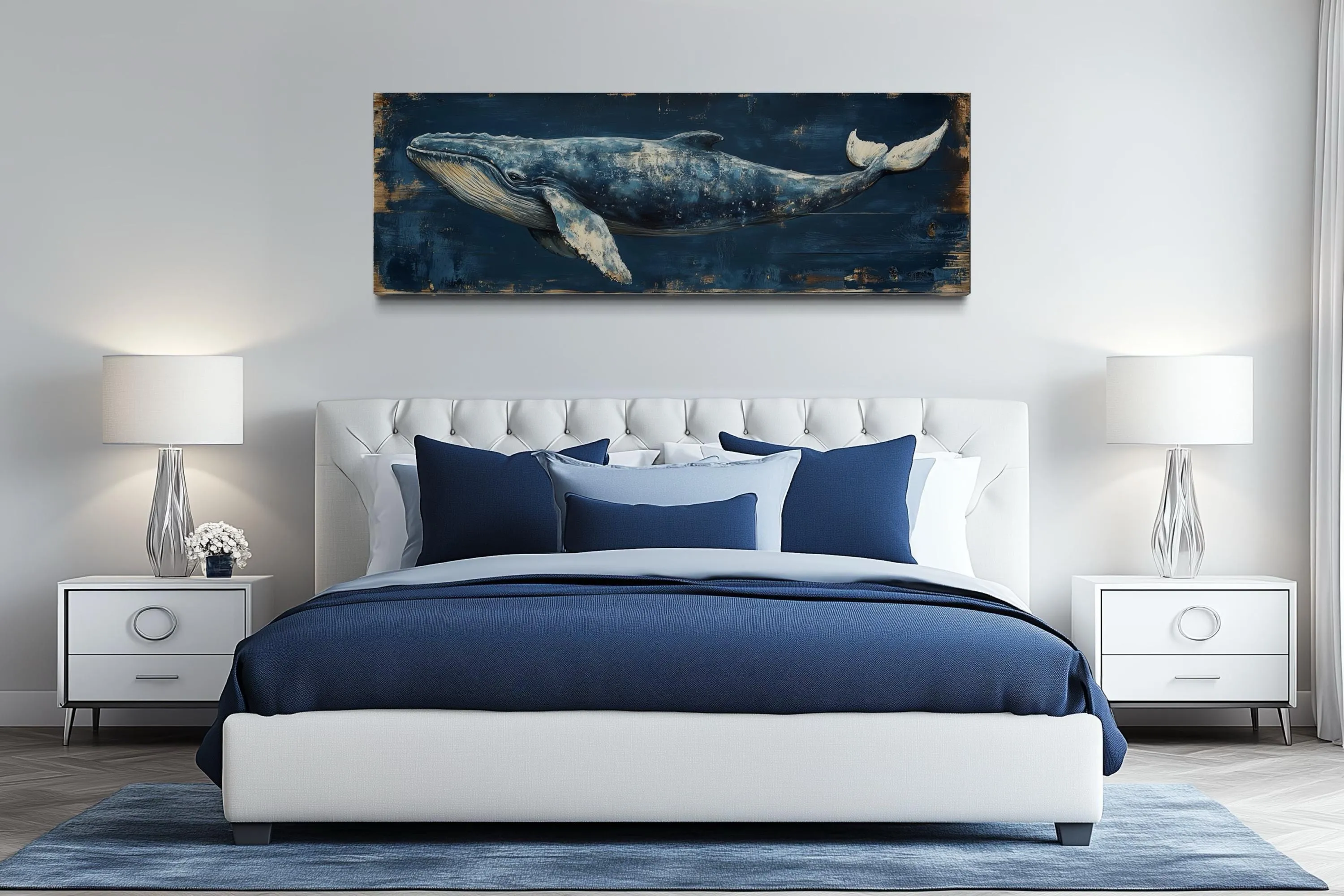 Long Horizontal Blue Whale On Navy Blue Canvas Wall Art For Nautical Decor