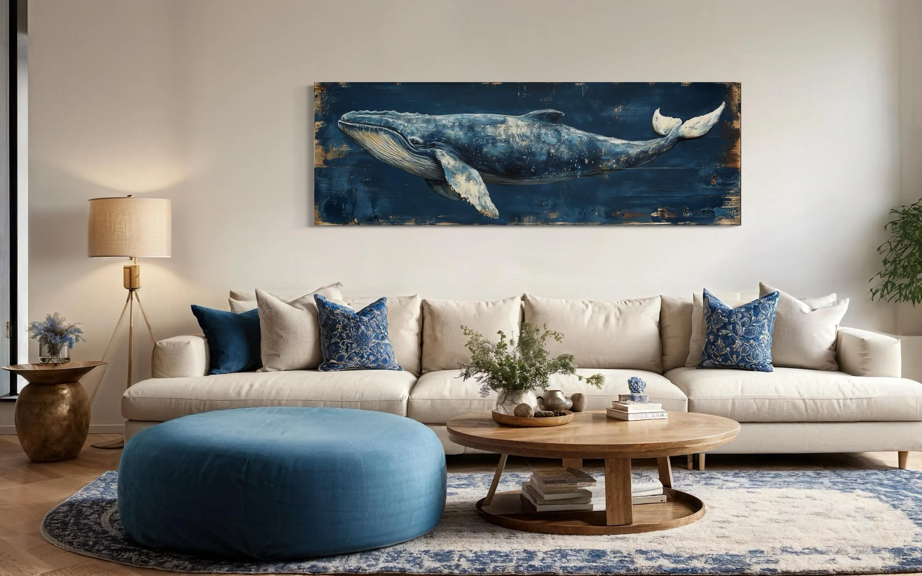 Long Horizontal Blue Whale On Navy Blue Canvas Wall Art For Nautical Decor