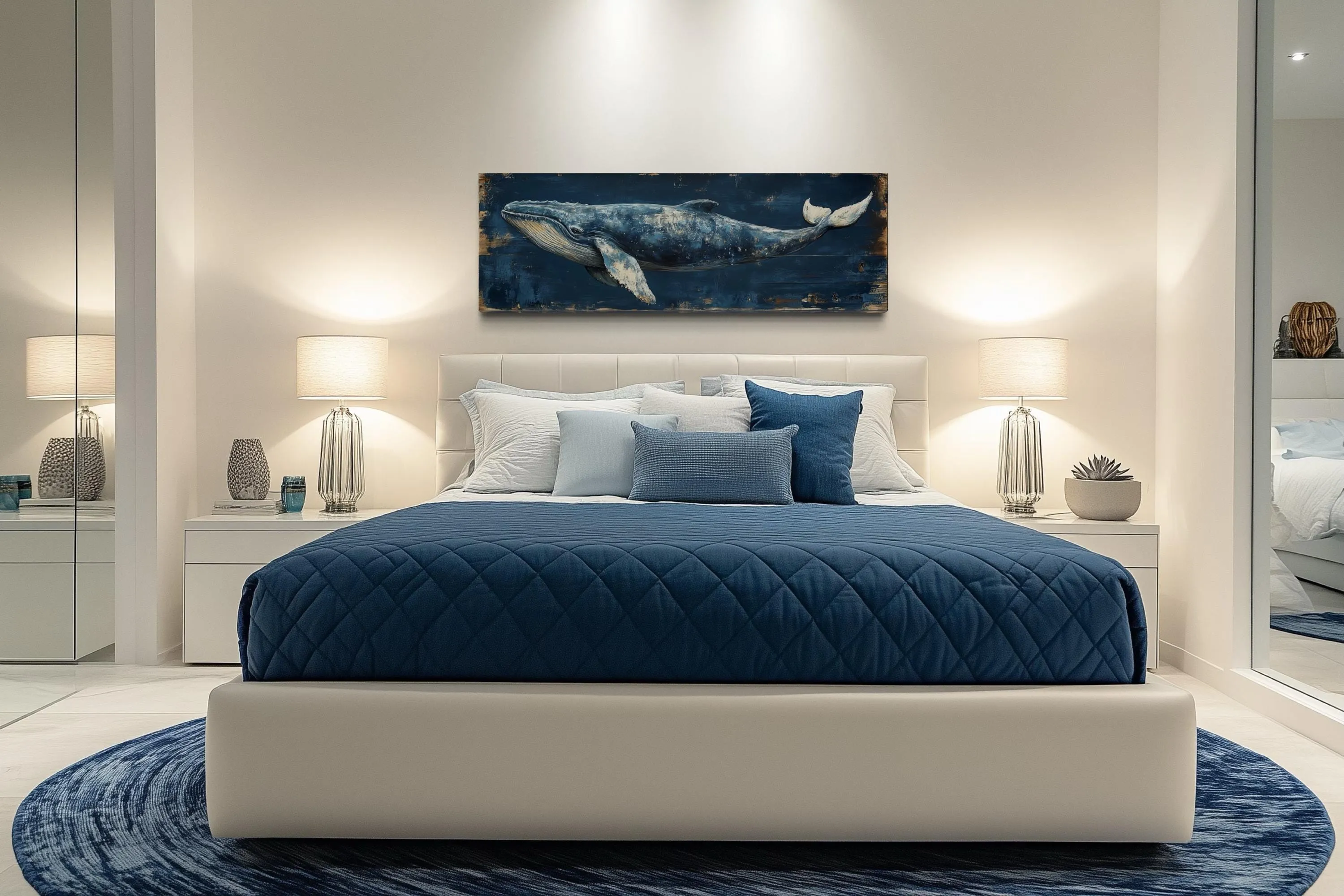 Long Horizontal Blue Whale On Navy Blue Canvas Wall Art For Nautical Decor