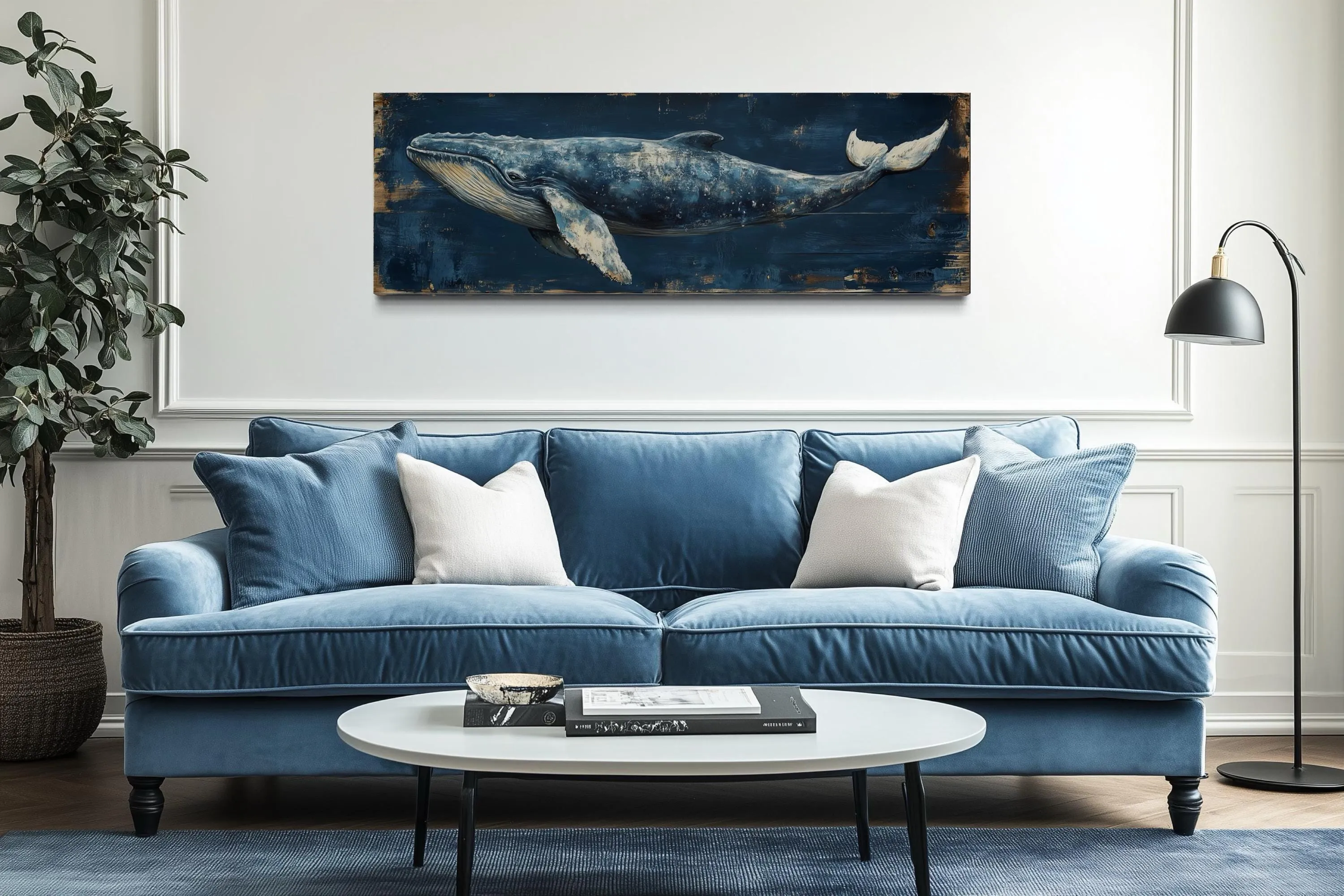 Long Horizontal Blue Whale On Navy Blue Canvas Wall Art For Nautical Decor
