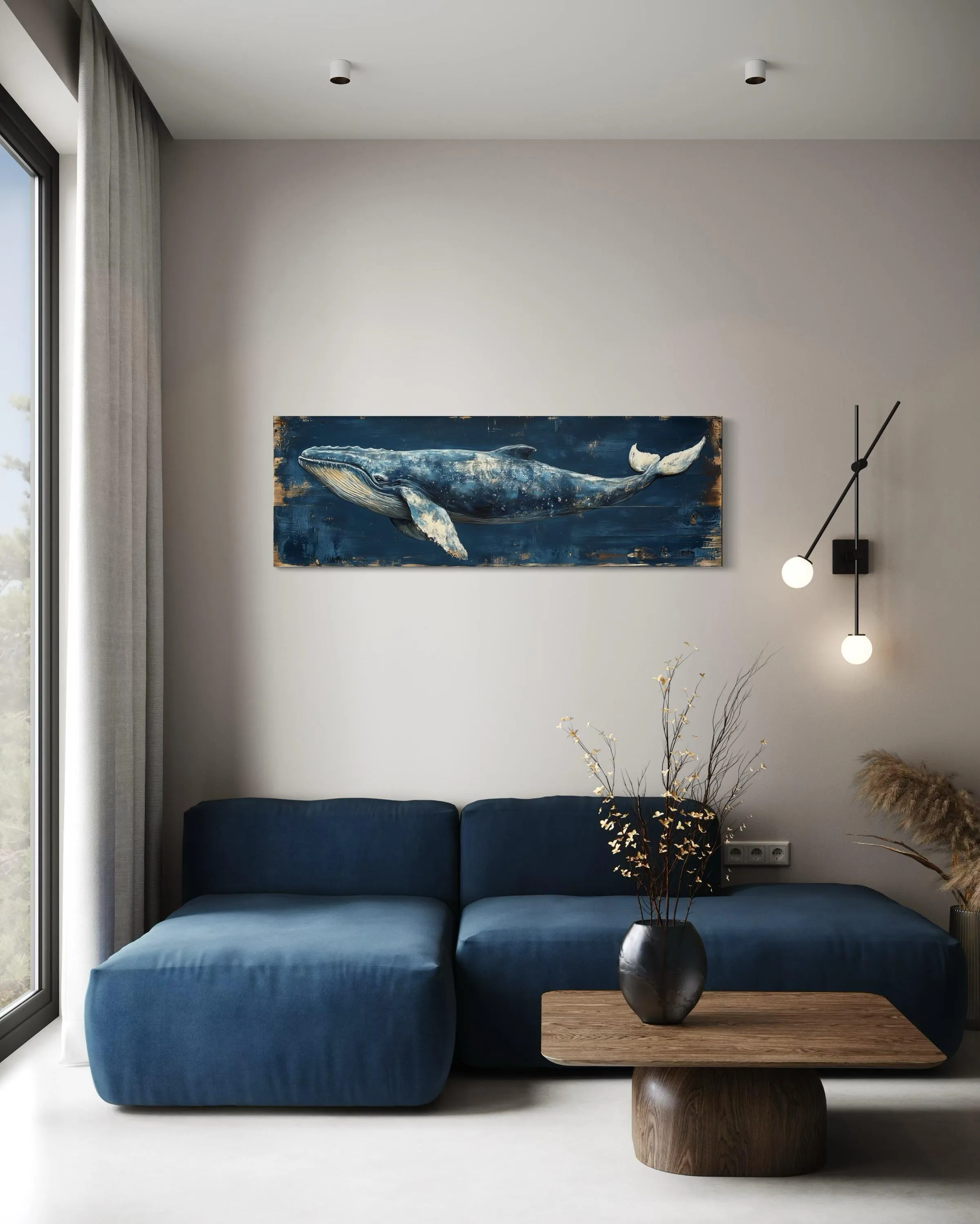 Long Horizontal Blue Whale On Navy Blue Canvas Wall Art For Nautical Decor