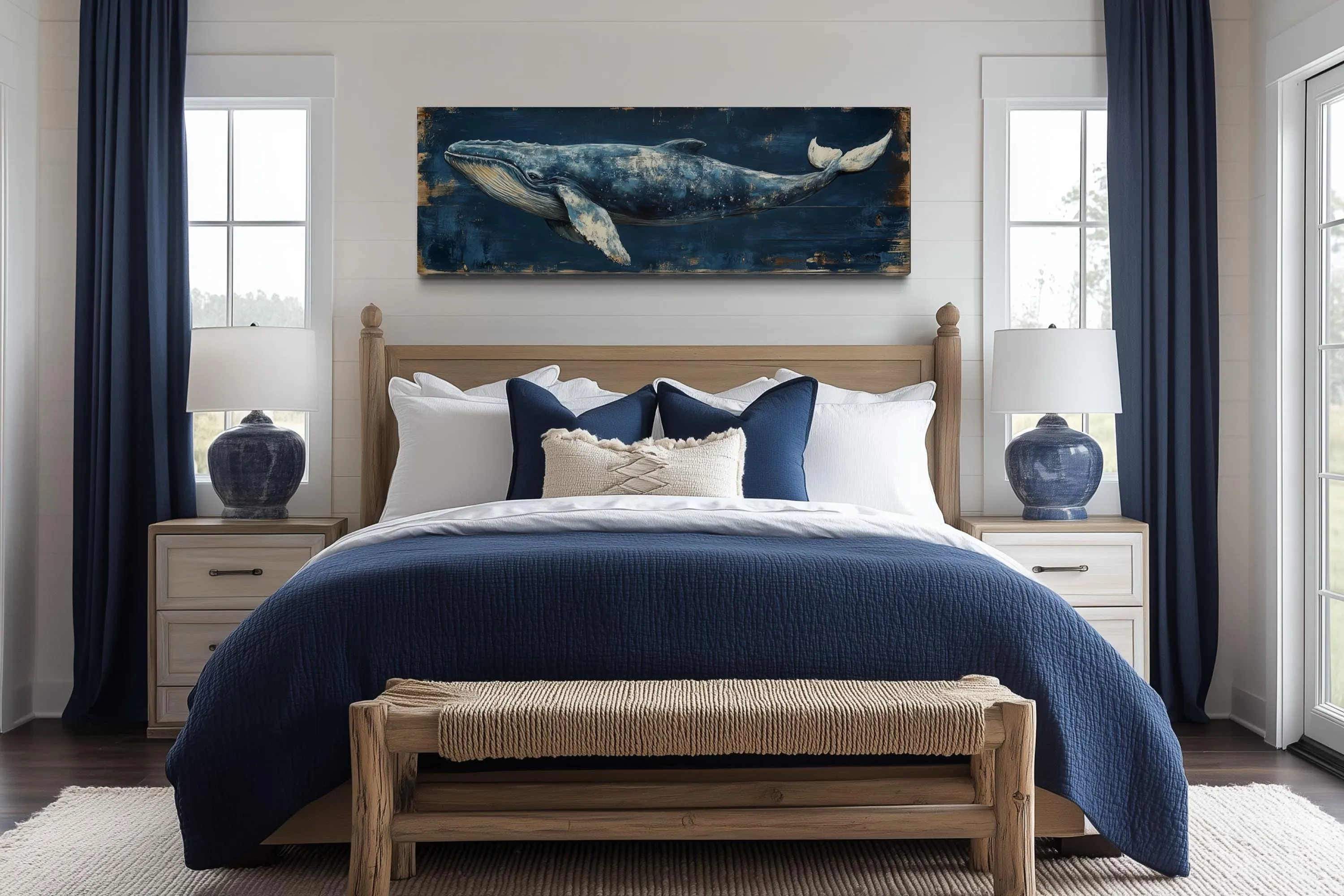 Long Horizontal Blue Whale On Navy Blue Canvas Wall Art For Nautical Decor