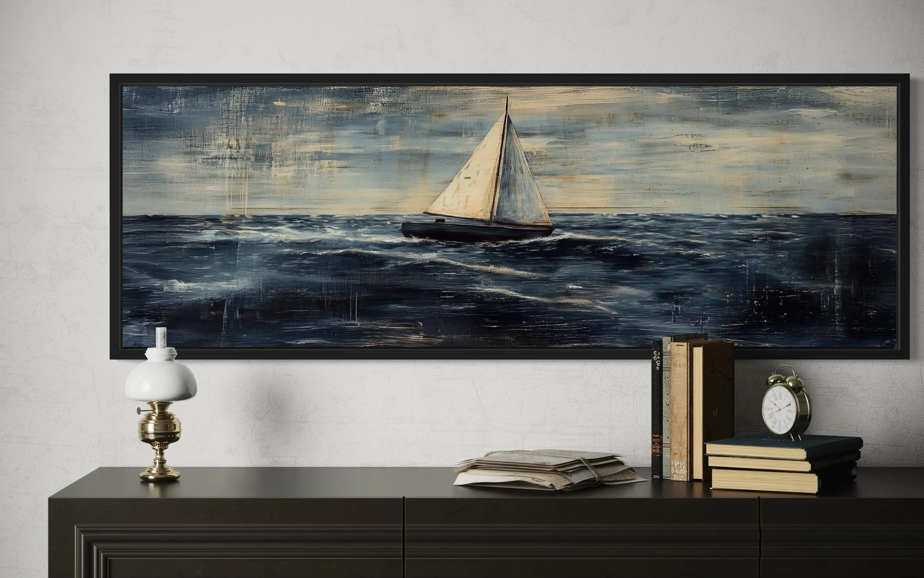 Long Horizontal Sailboat Nautical Above Bed Wall Art