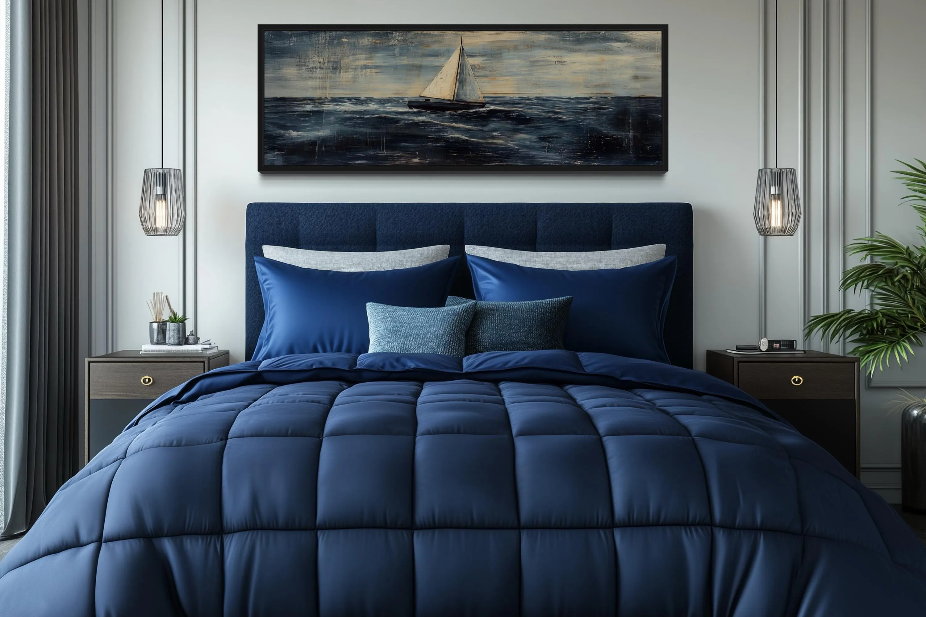 Long Horizontal Sailboat Nautical Above Bed Wall Art