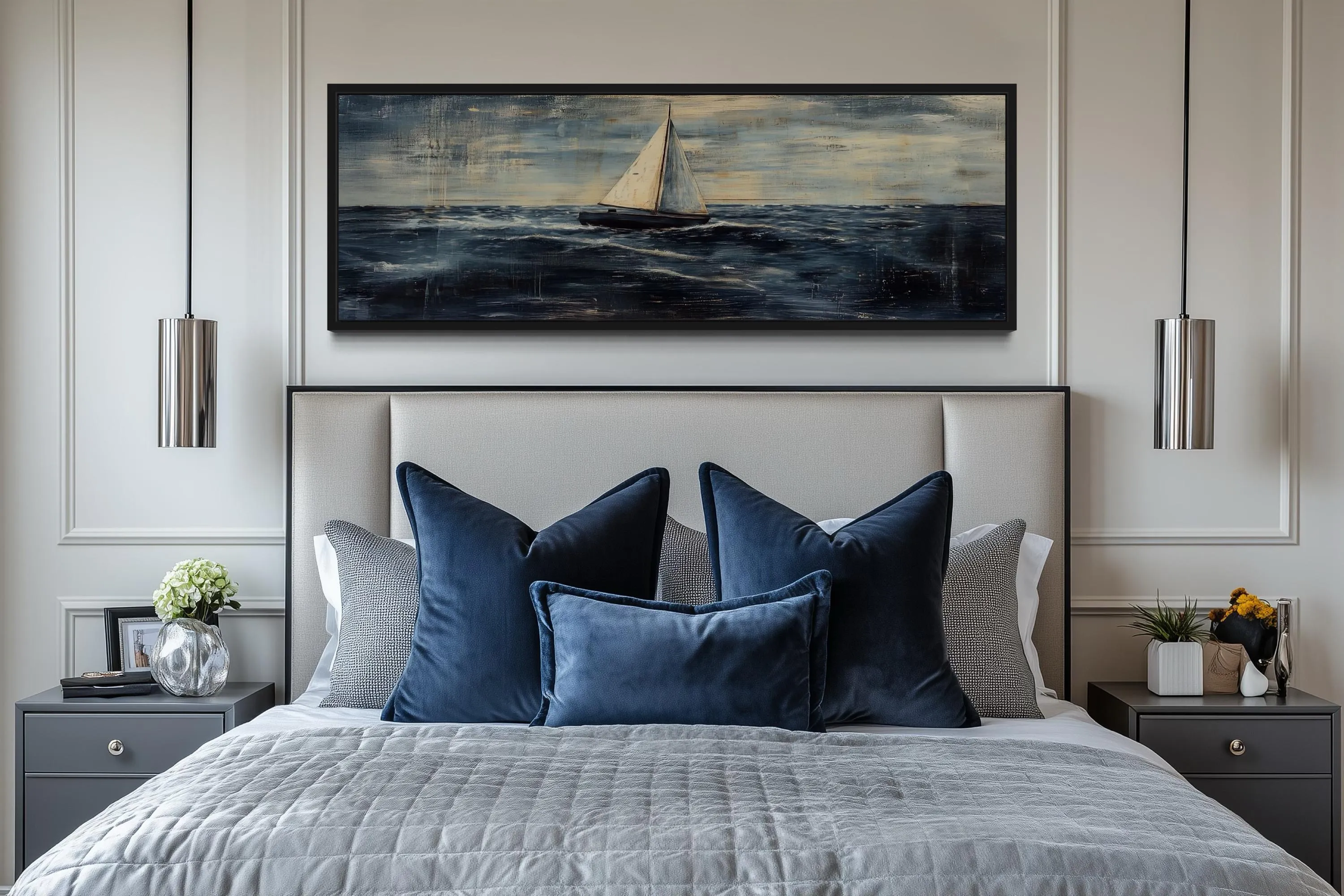 Long Horizontal Sailboat Nautical Above Bed Wall Art