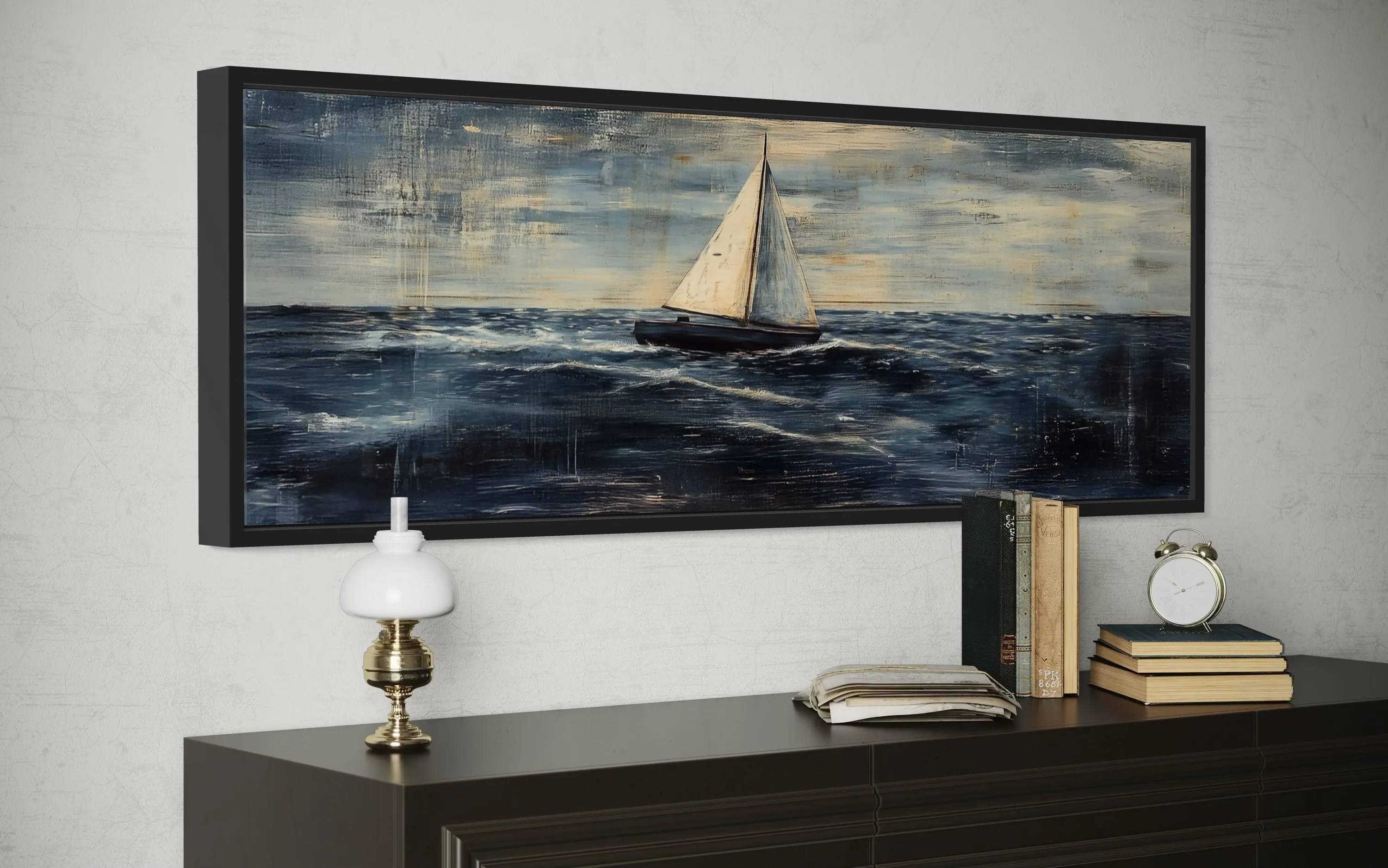 Long Horizontal Sailboat Nautical Above Bed Wall Art