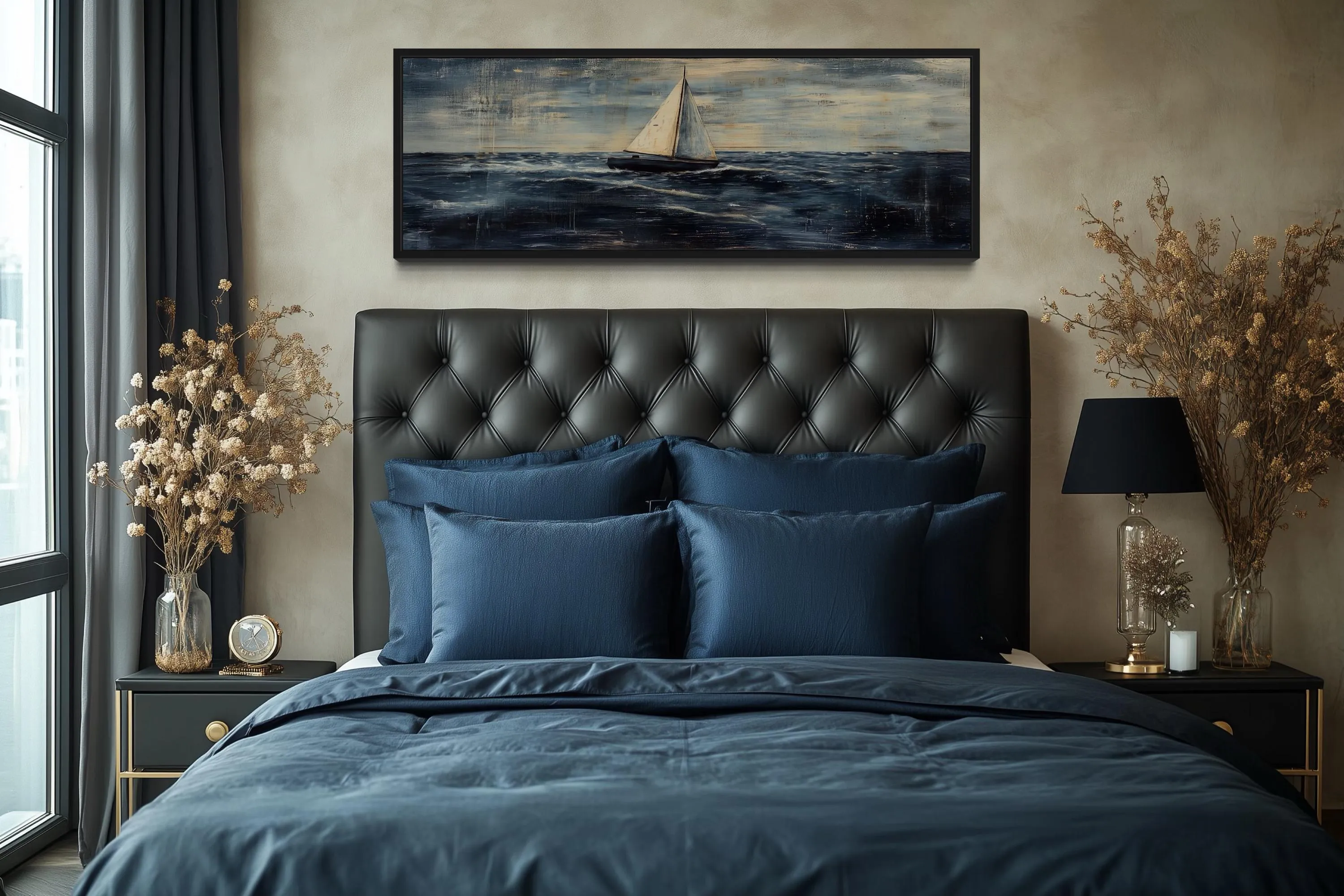 Long Horizontal Sailboat Nautical Above Bed Wall Art
