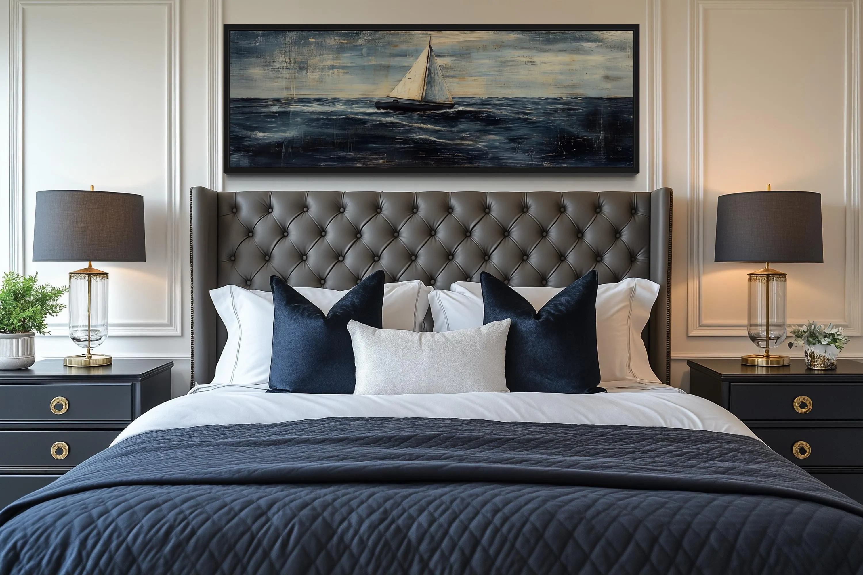 Long Horizontal Sailboat Nautical Above Bed Wall Art