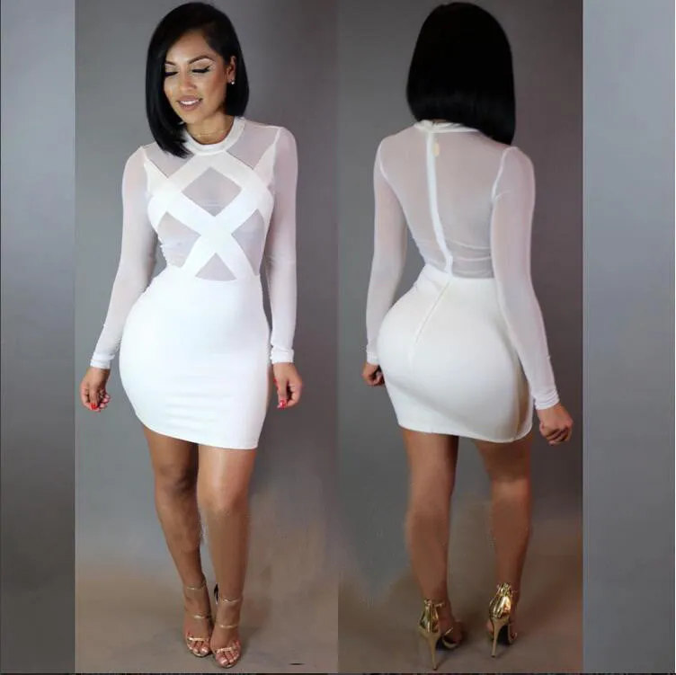 Long Sleeve Mesh Patchwork Cross Sheer Party Dress