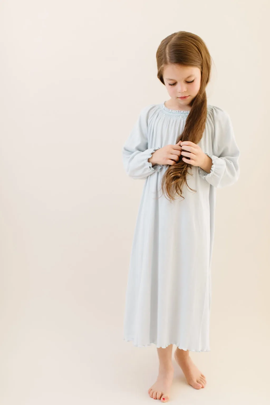 Long Sleeve Smocked Rib Day Gown, Sky Blue
