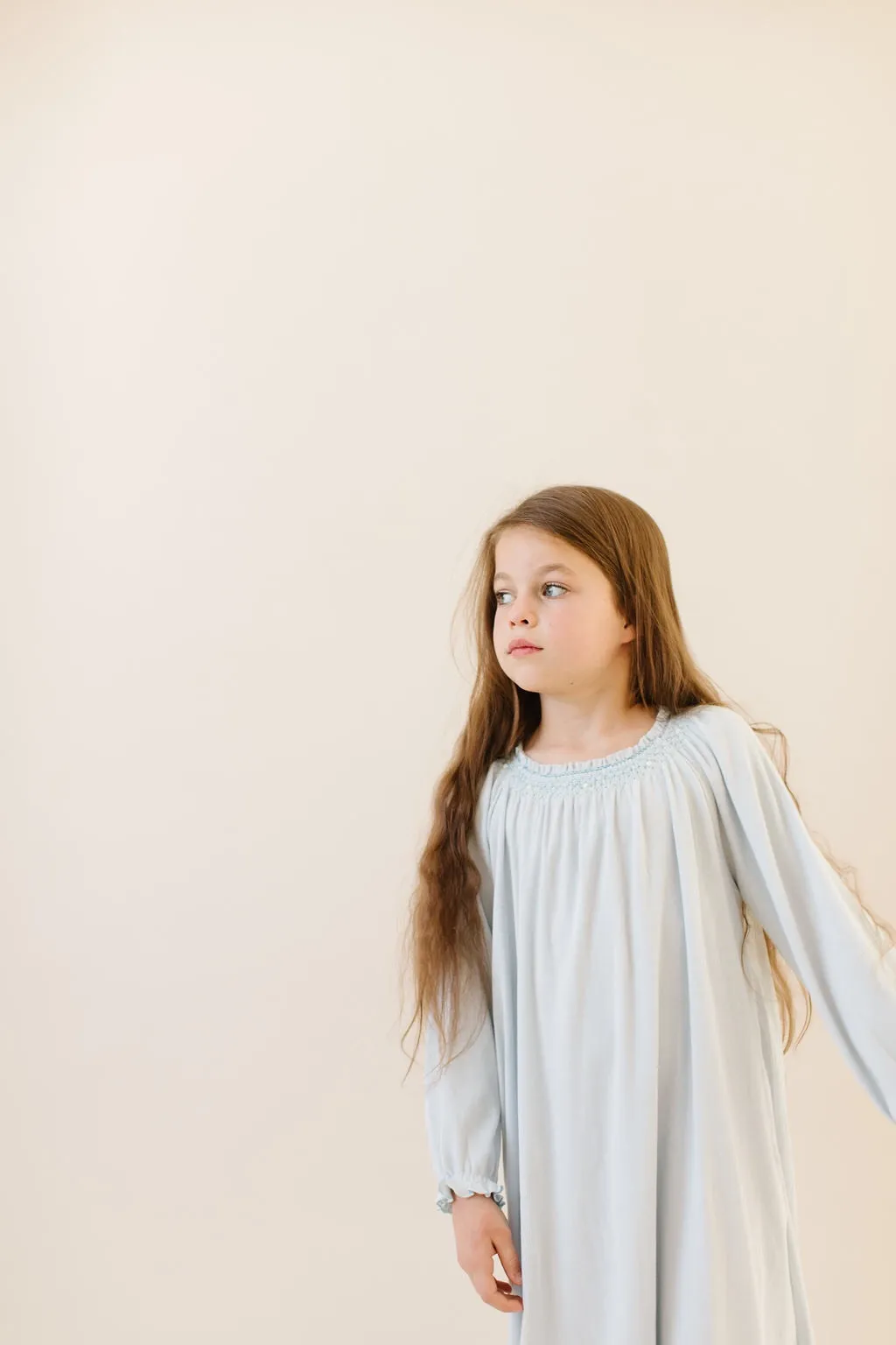 Long Sleeve Smocked Rib Day Gown, Sky Blue