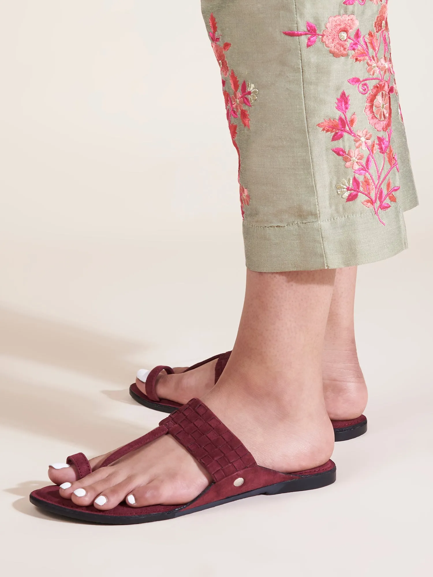 Maroon Suede Weave Kolhapuri Sandals For Women