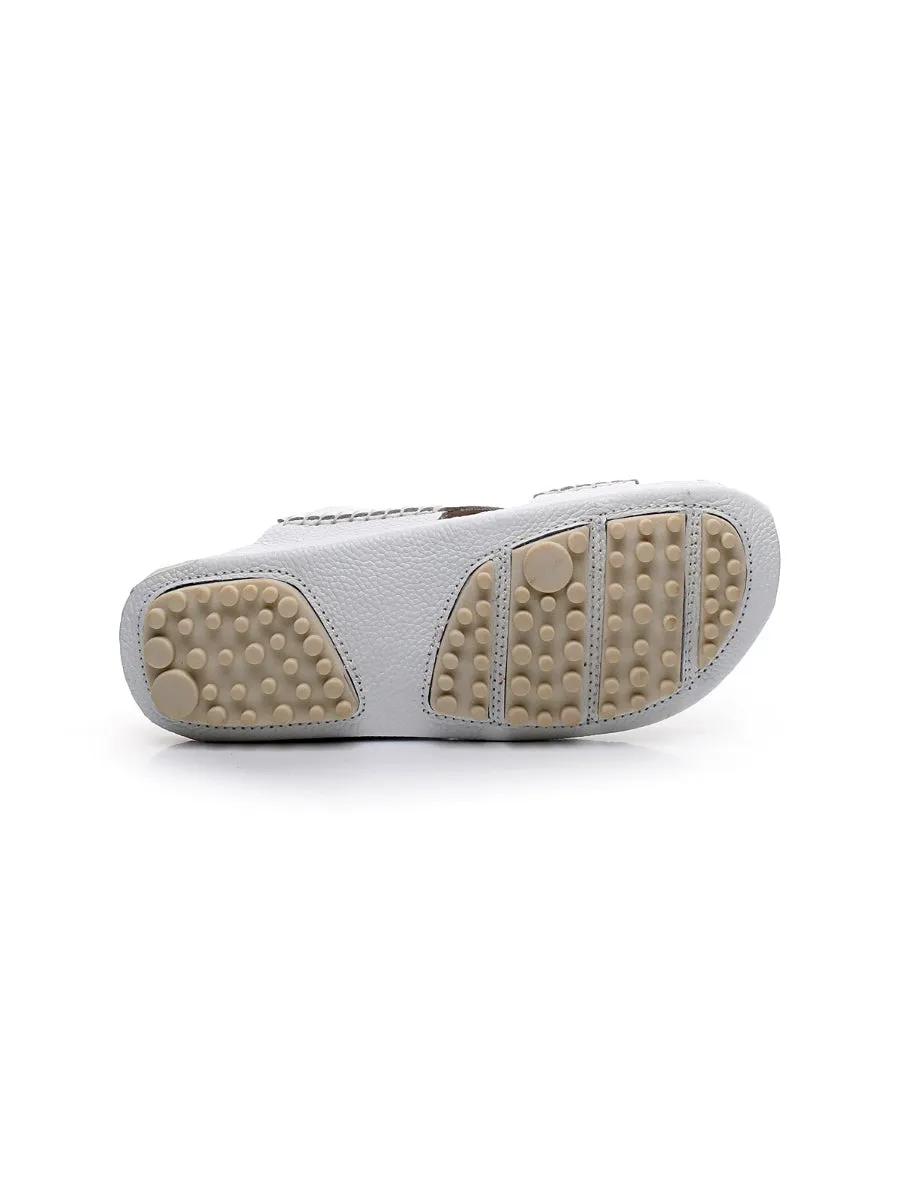 Massage Sole Cut-Out Genuine Leather Mule - White