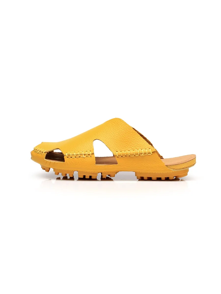 Massage Sole Cut-Out Genuine Leather Mule - Yellow