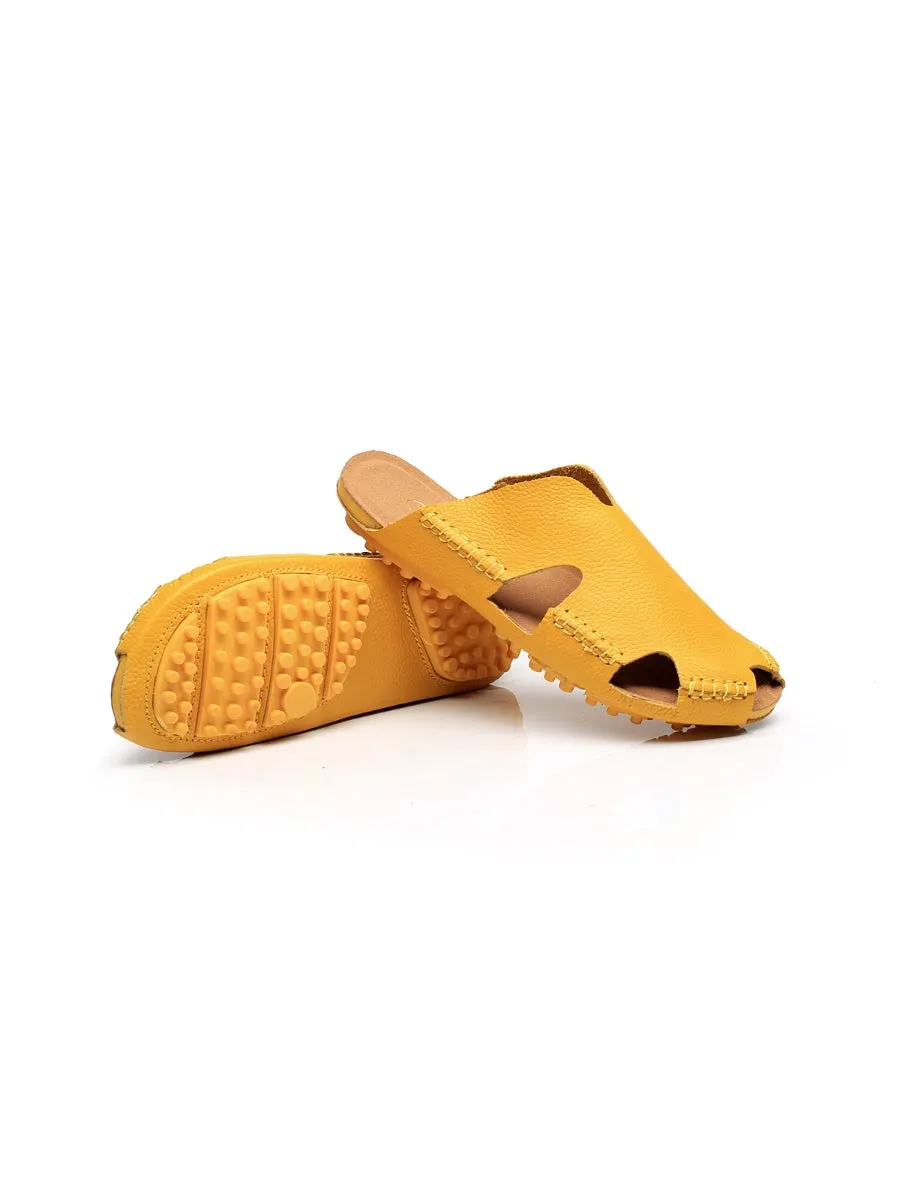 Massage Sole Cut-Out Genuine Leather Mule - Yellow