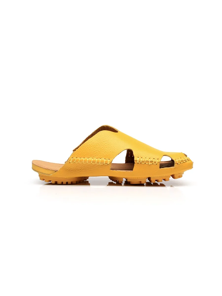 Massage Sole Cut-Out Genuine Leather Mule - Yellow