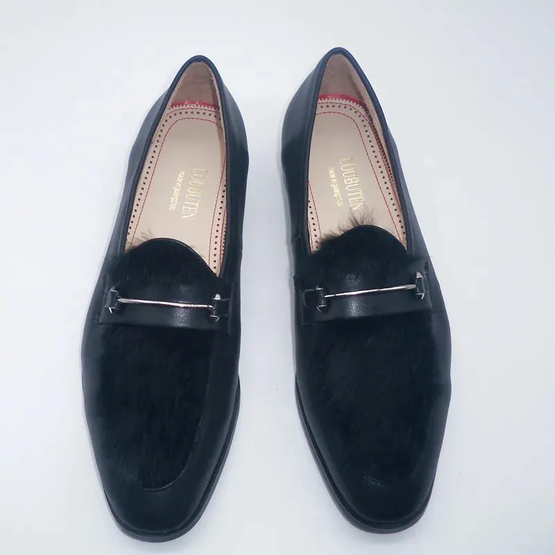 Men's Black Leather Furry Loafers