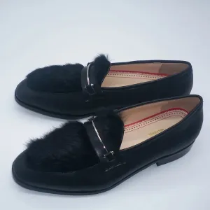 Men's Black Leather Furry Loafers