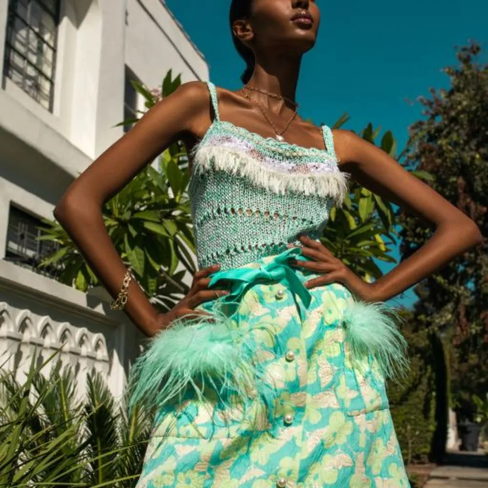 Mint Jacquard Skirt with Feathers Details