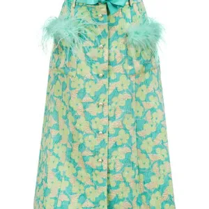 Mint Jacquard Skirt with Feathers Details
