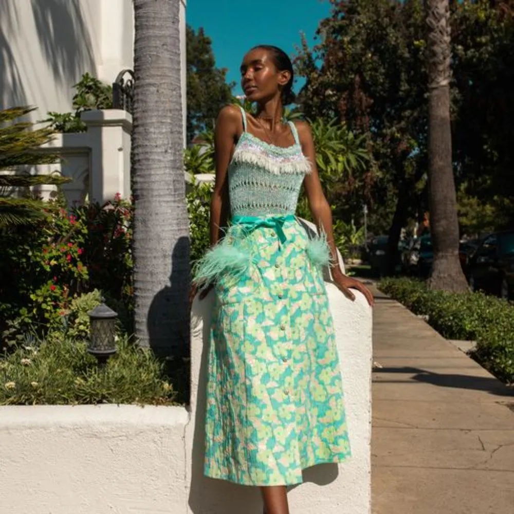Mint Jacquard Skirt with Feathers Details