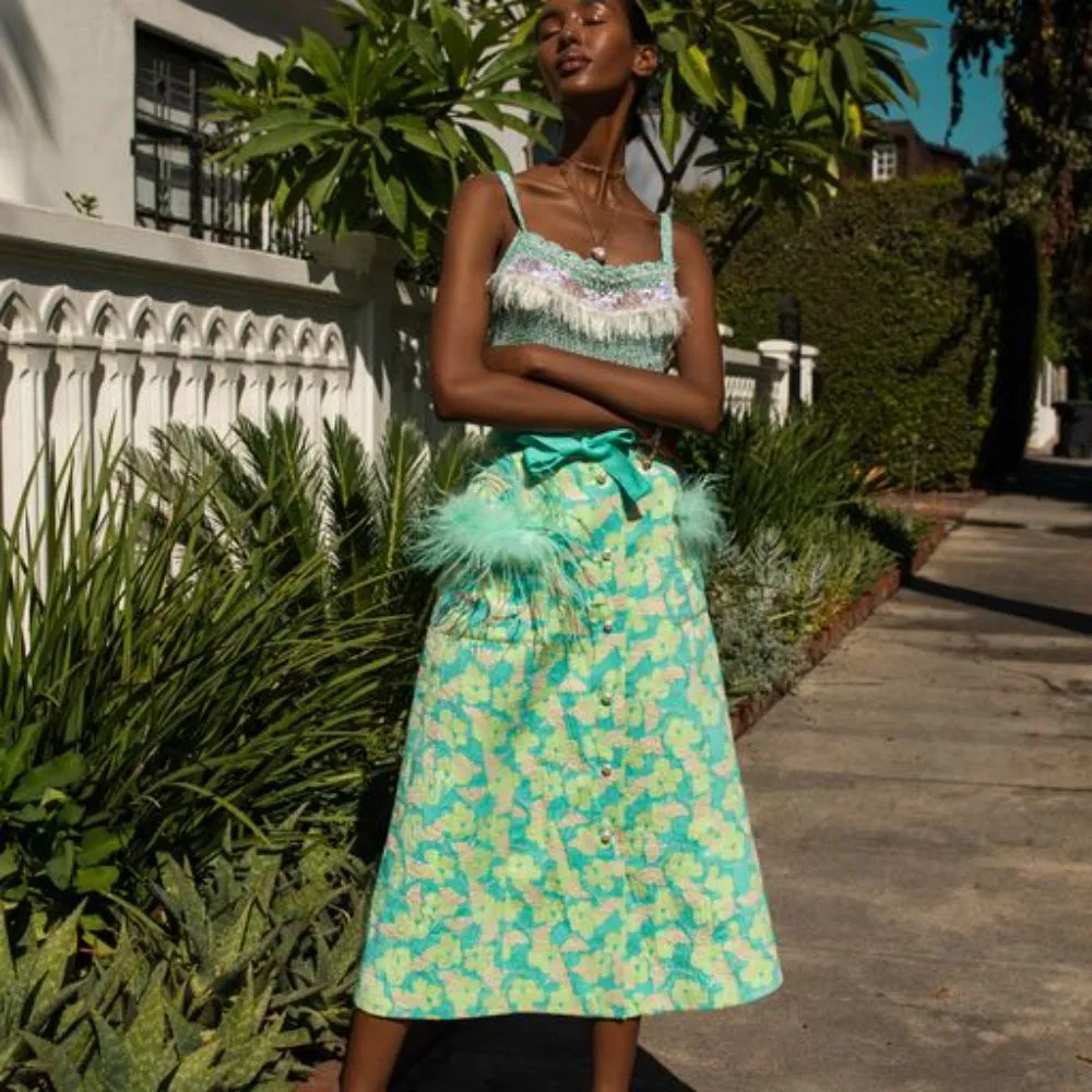 Mint Jacquard Skirt with Feathers Details