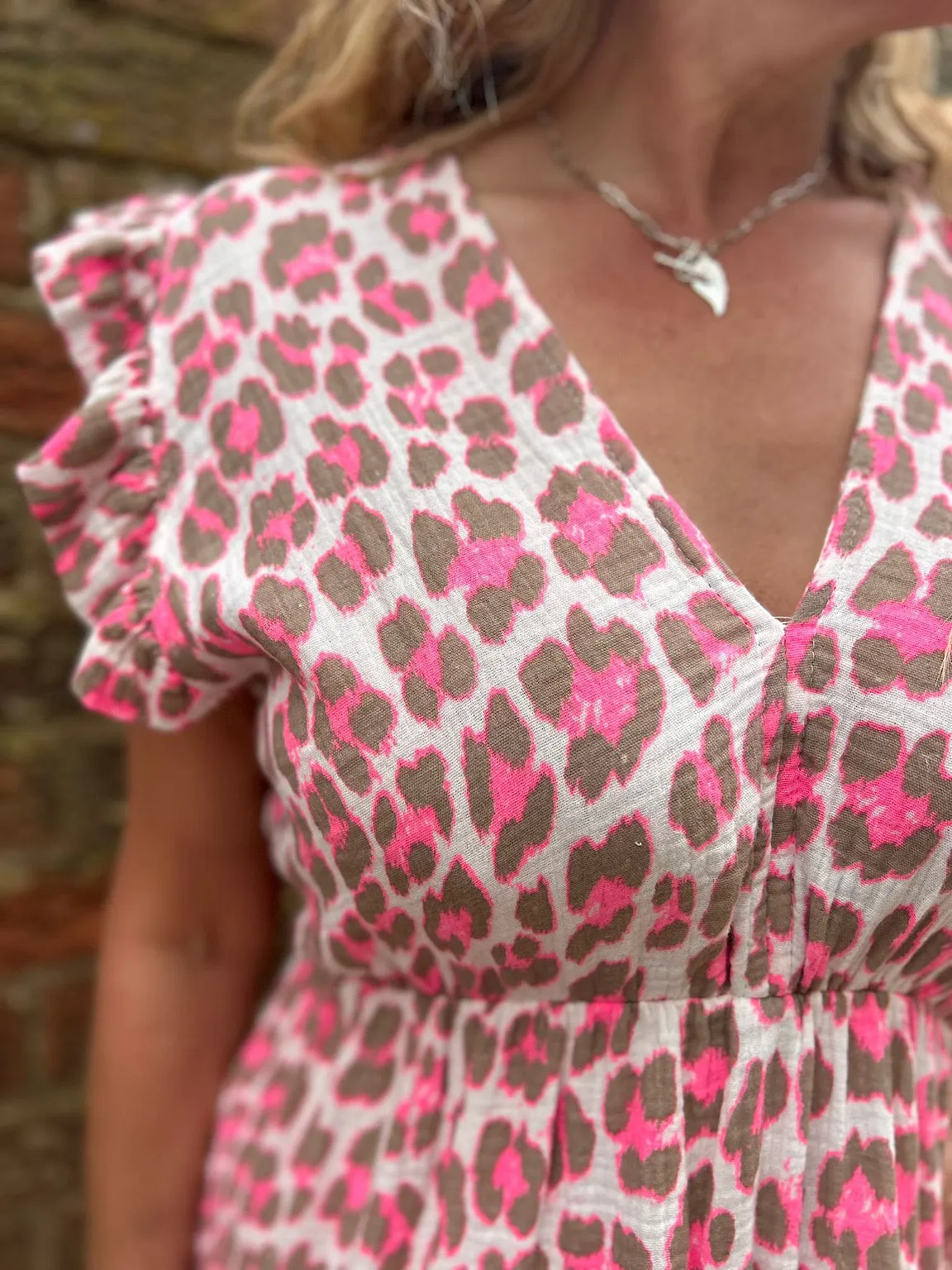 Mocha Bubble Cotton Leopard Frill Dress Lara