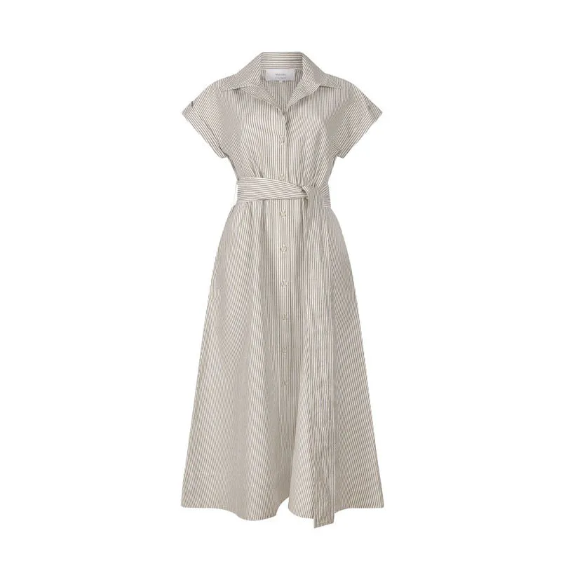 MONDO CORSINI Lucy Linen Weave Shirt Dress with Wide Lapel in Moss/White