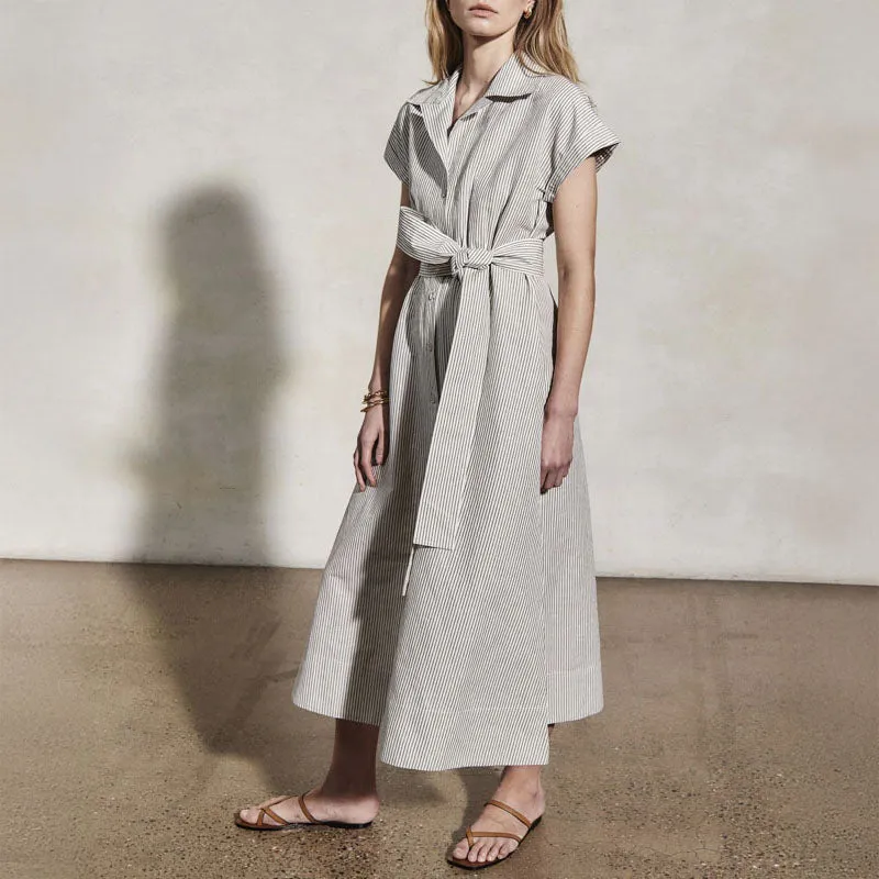 MONDO CORSINI Lucy Linen Weave Shirt Dress with Wide Lapel in Moss/White
