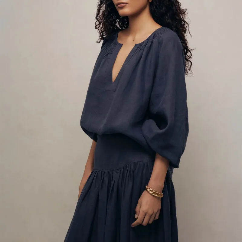 MONDO CORSINI Maud Linen Skirt with Flat Waist Panel and Side Zip in Midnight
