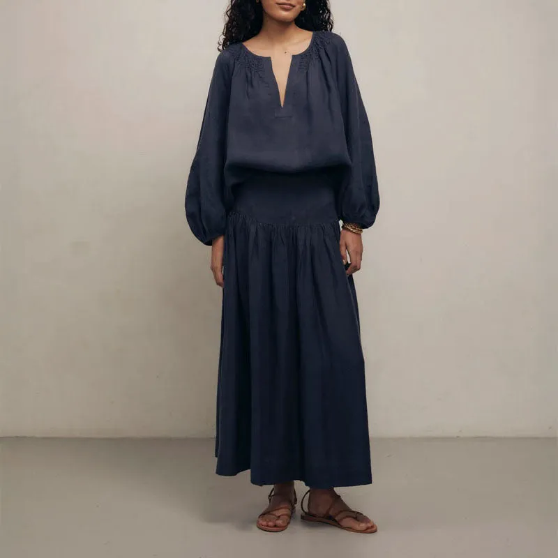 MONDO CORSINI Maud Linen Skirt with Flat Waist Panel and Side Zip in Midnight