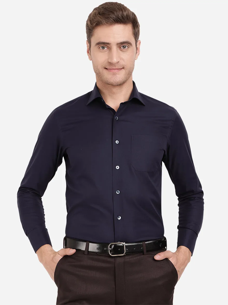 Navy Blue Solid Slim Fit Formal Shirt | Metal