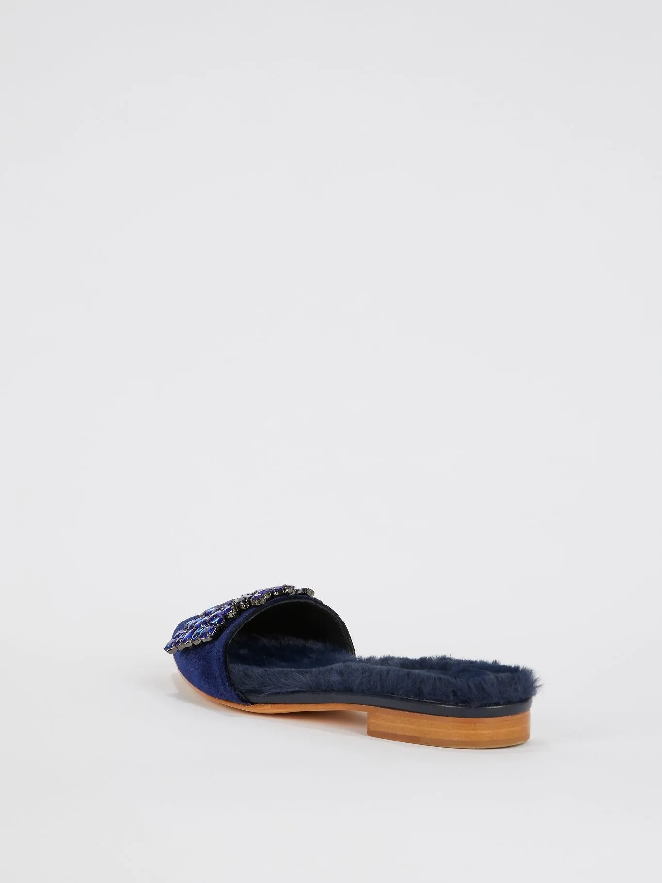 Navy Crystal Embellished Velvet Fur Mules