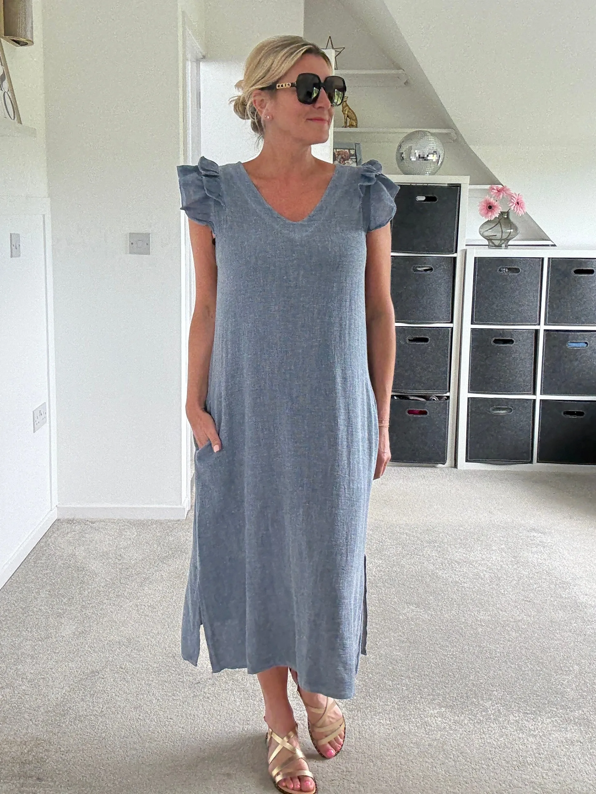 Navy Washed Linen Frill Sleeve V-Neck Dress