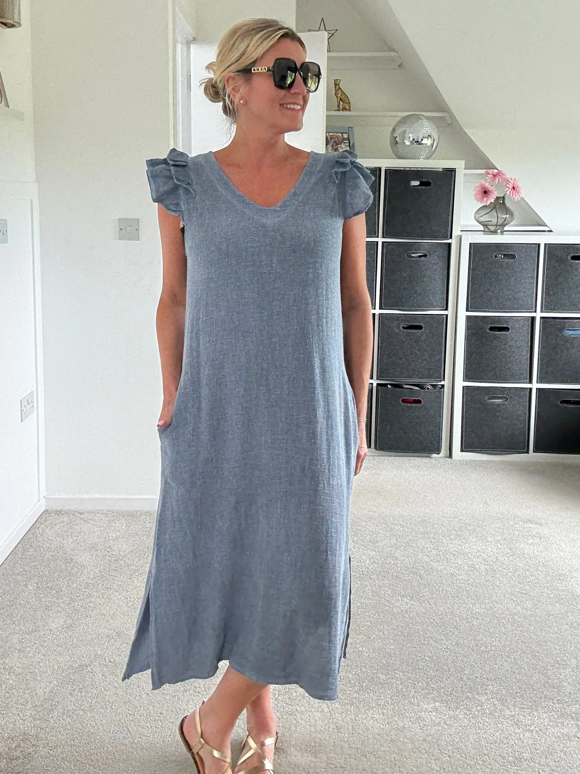 Navy Washed Linen Frill Sleeve V-Neck Dress