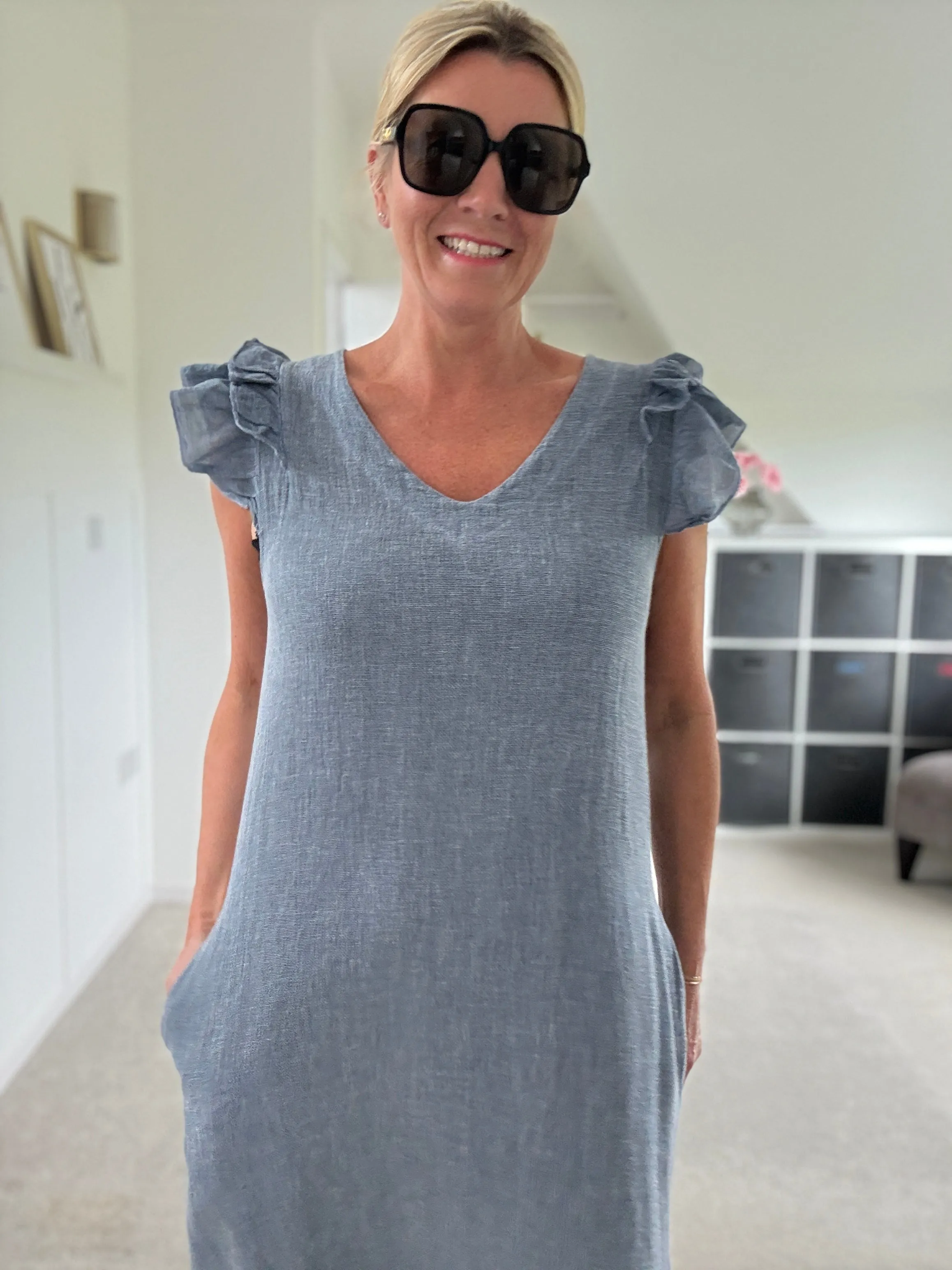 Navy Washed Linen Frill Sleeve V-Neck Dress