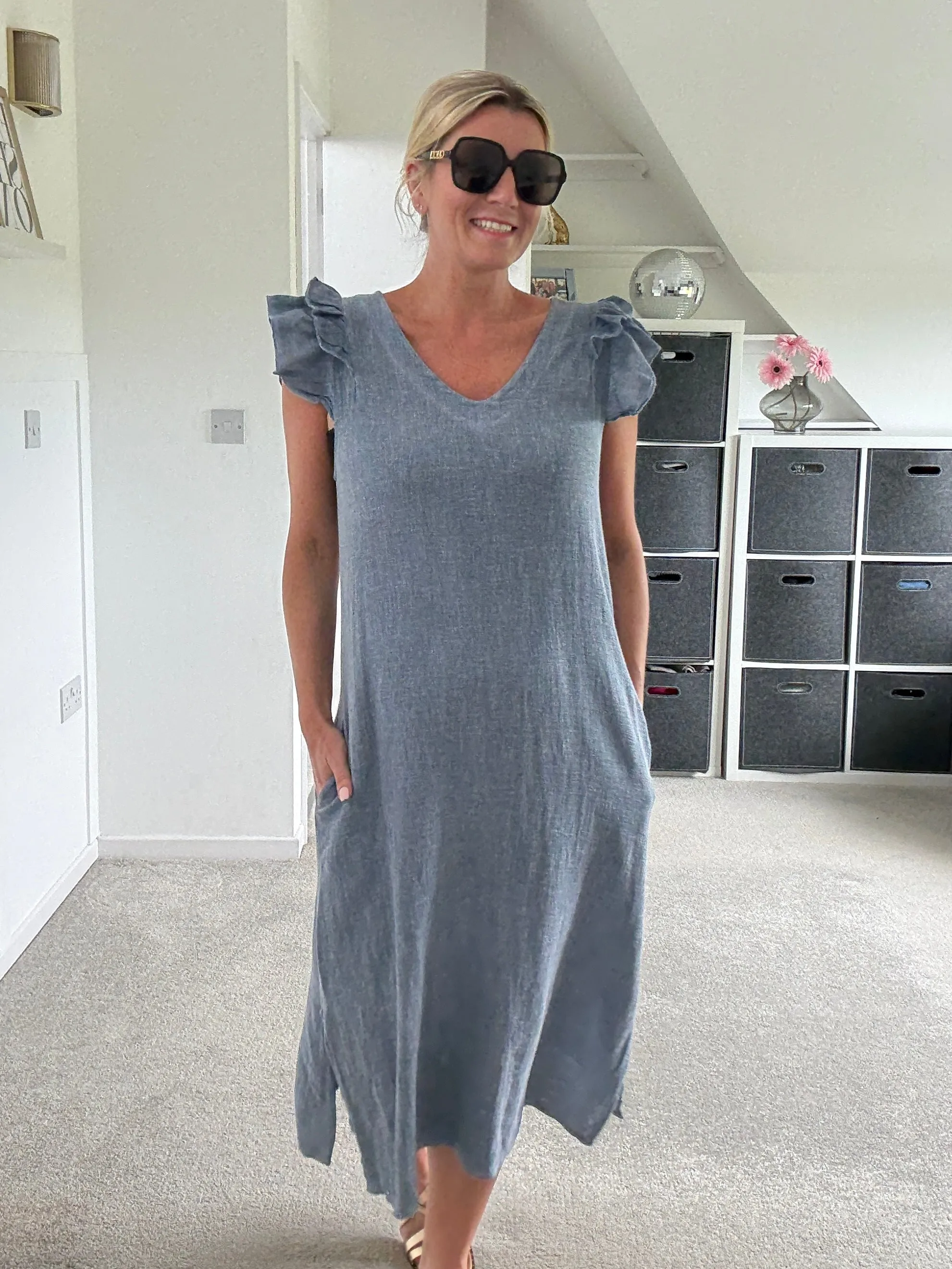 Navy Washed Linen Frill Sleeve V-Neck Dress