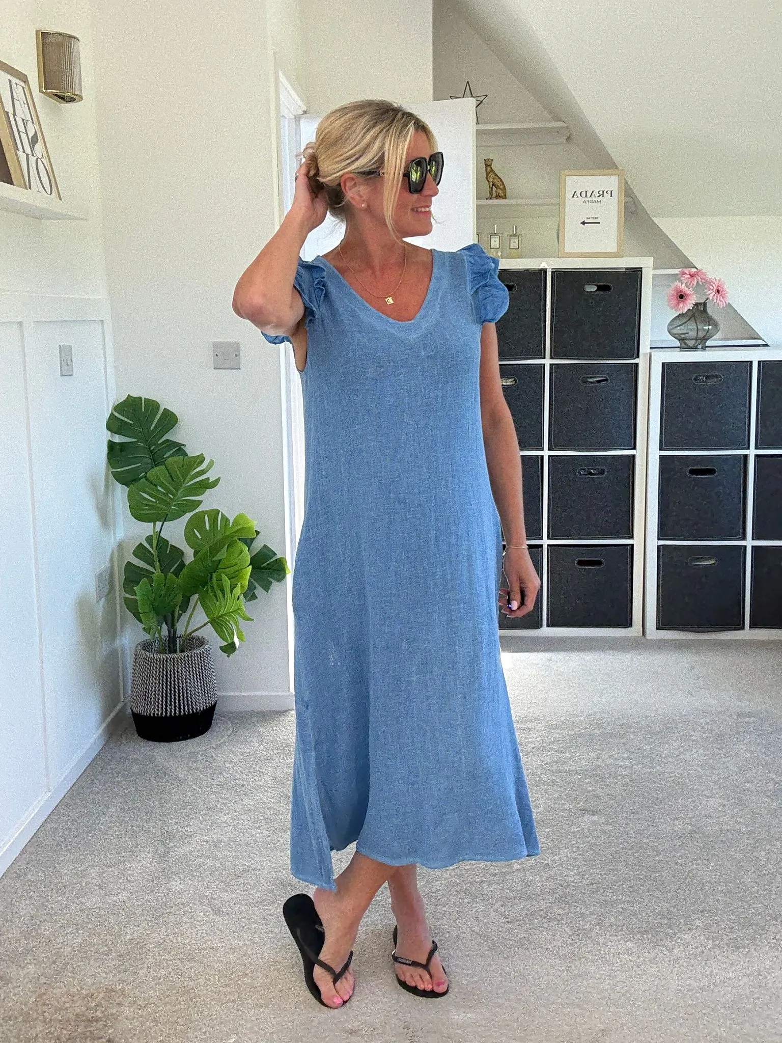 Navy Washed Linen Frill Sleeve V-Neck Dress
