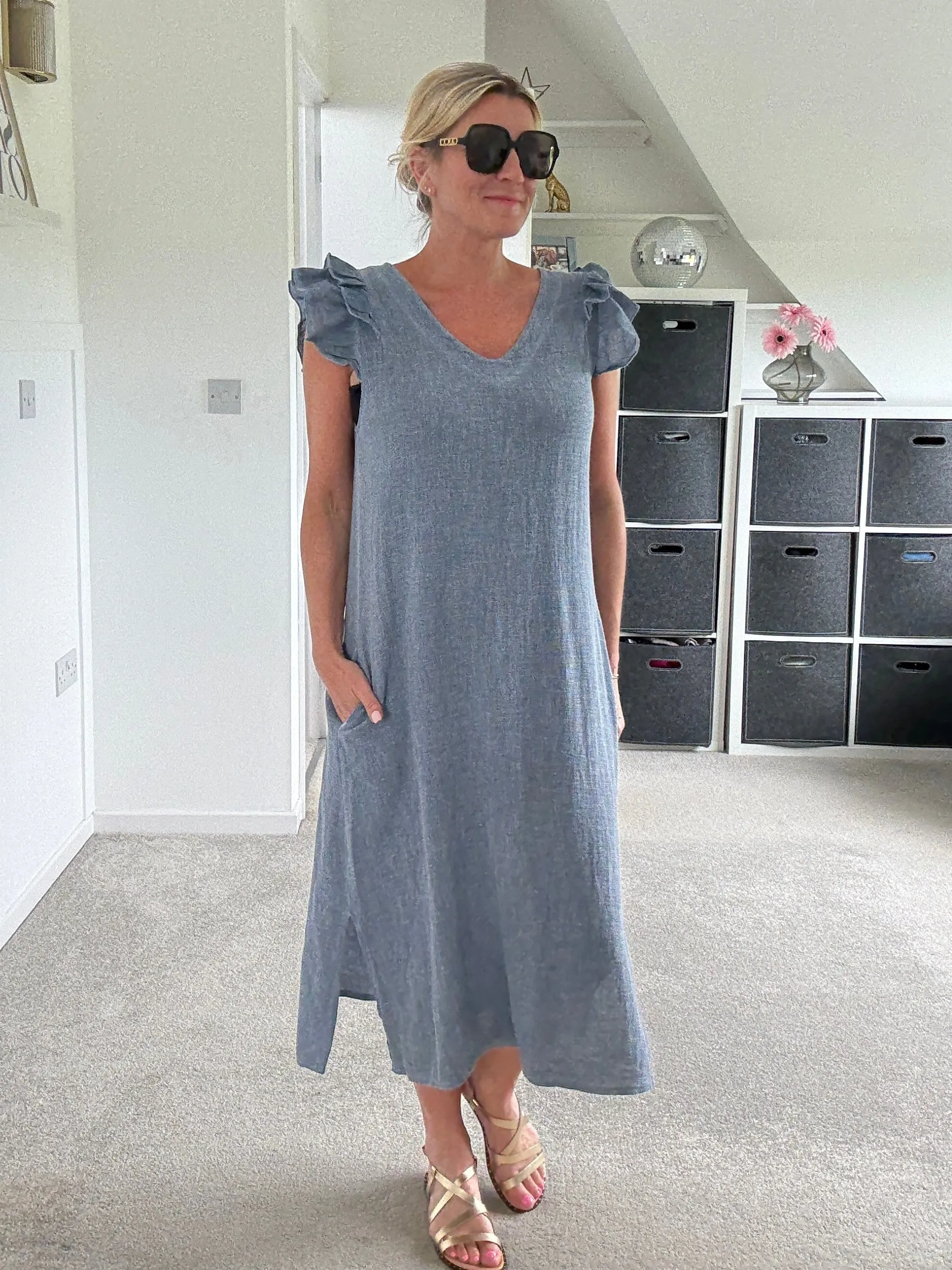 Navy Washed Linen Frill Sleeve V-Neck Dress