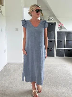 Navy Washed Linen Frill Sleeve V-Neck Dress